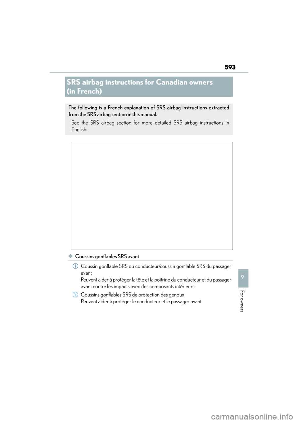 Lexus GX460 2014 Owners Manual 593
GX 460 _O M_ OM6 0K 80 U_ (U)
9
For owners
SRS airbag instructions for Canadian owners
(in French)
◆Coussins gonflables SRS avant
Coussin gonflable SRS du conducteur/coussin gonflable SRS du pa Lexus GX460 2014 Owners Manual 593
GX 460 _O M_ OM6 0K 80 U_ (U)
9
For owners
SRS airbag instructions for Canadian owners
(in French)
◆Coussins gonflables SRS avant
Coussin gonflable SRS du conducteur/coussin gonflable SRS du pa