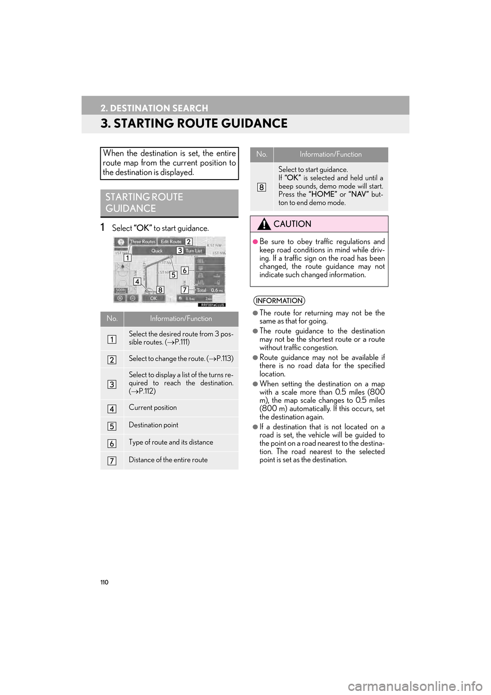 Lexus GX460 2014 Navigation Manual 110
2. DESTINATION SEARCH
GX_EMVN_OM60K84U_(U)13.07.02 11:50
3. STARTING ROUTE GUIDANCE
1Select “OK” to start guidance.
When the destination is set, the entire
route map from the current posi Lexus GX460 2014 Navigation Manual 110
2. DESTINATION SEARCH
GX_EMVN_OM60K84U_(U)13.07.02 11:50
3. STARTING ROUTE GUIDANCE
1Select “OK” to start guidance.
When the destination is set, the entire
route map from the current posi