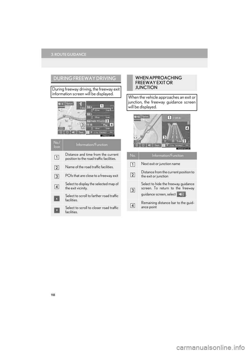 Lexus GX460 2014  Navigation Manual 118
3. ROUTE GUIDANCE
GX_EMVN_OM60K84U_(U)13.07.02     11:50
DURING FREEWAY DRIVING
During freeway driving, the freeway exit
information screen will be displayed.
No./IconInformation/Function
Distance