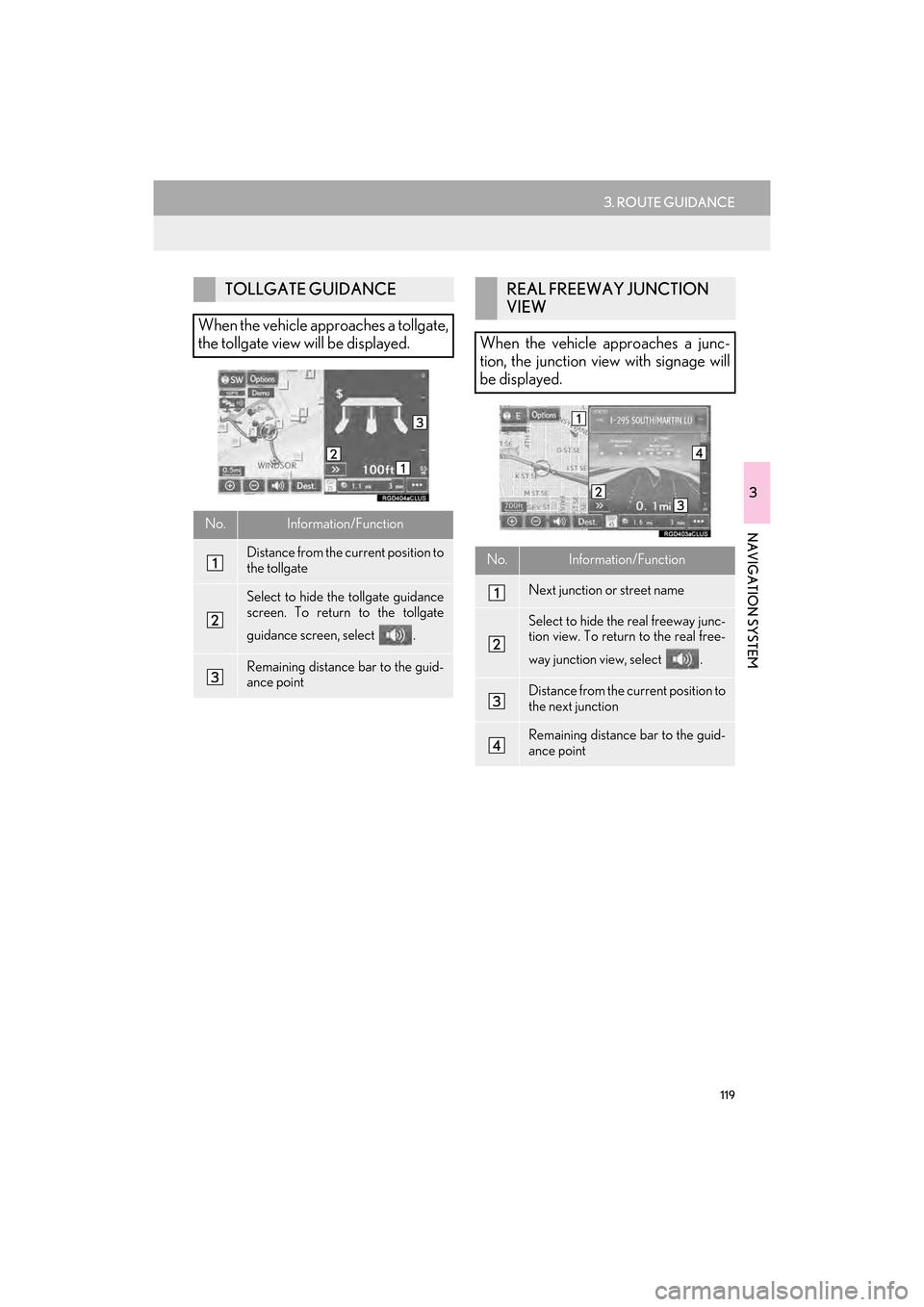 Lexus GX460 2014  Navigation Manual 119
3. ROUTE GUIDANCE
GX_EMVN_OM60K84U_(U)13.07.02     11:50
3
NAVIGATION SYSTEM
TOLLGATE GUIDANCE
When the vehicle approaches a tollgate,
the tollgate view will be displayed.
No.Information/Function
