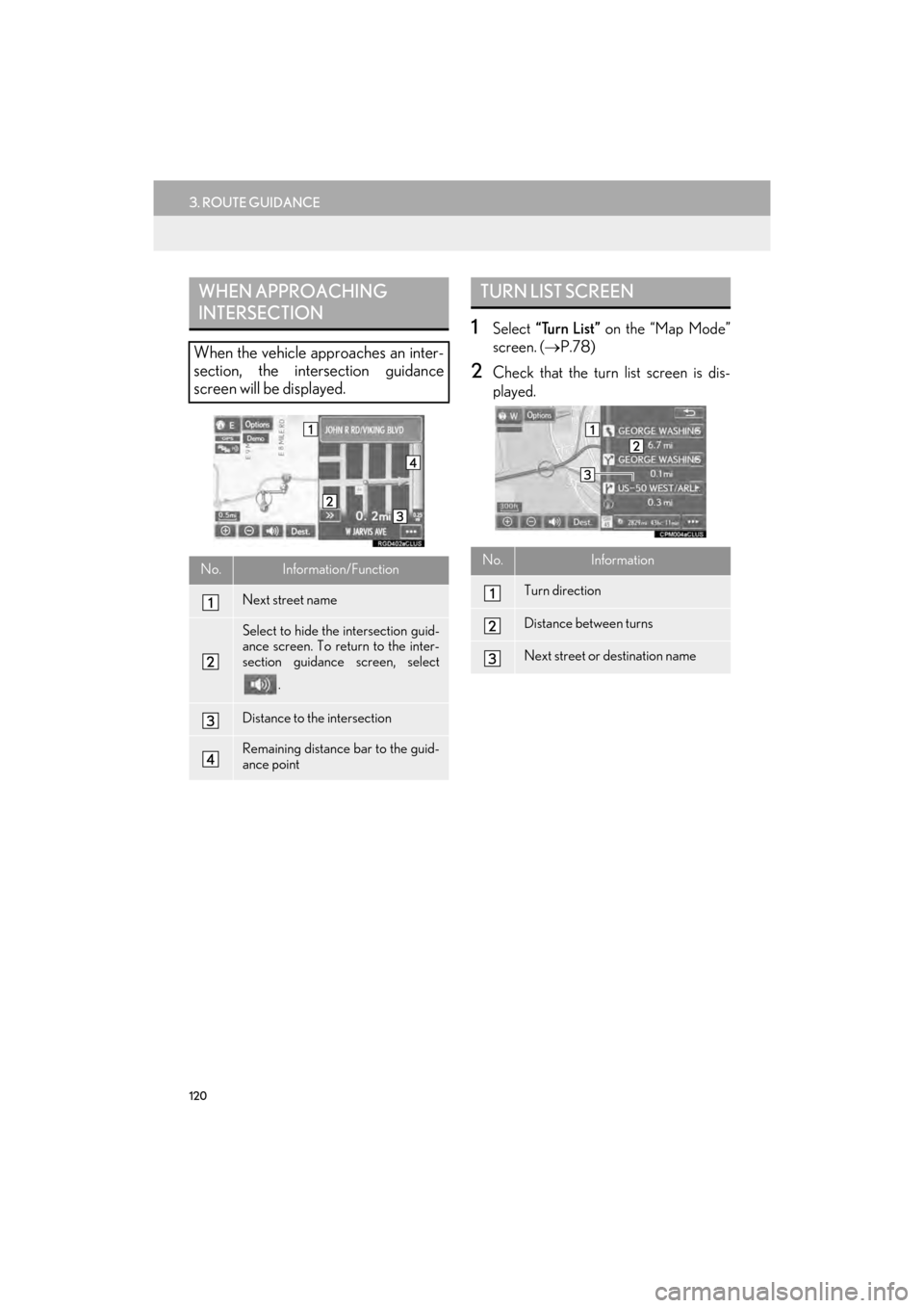 Lexus GX460 2014  Navigation Manual 120
3. ROUTE GUIDANCE
GX_EMVN_OM60K84U_(U)13.07.02     11:50
1Select “Turn List”  on the “Map Mode”
screen. ( →P.78)
2Check that the turn list screen is dis-
played.
WHEN APPROACHING 
INTERS