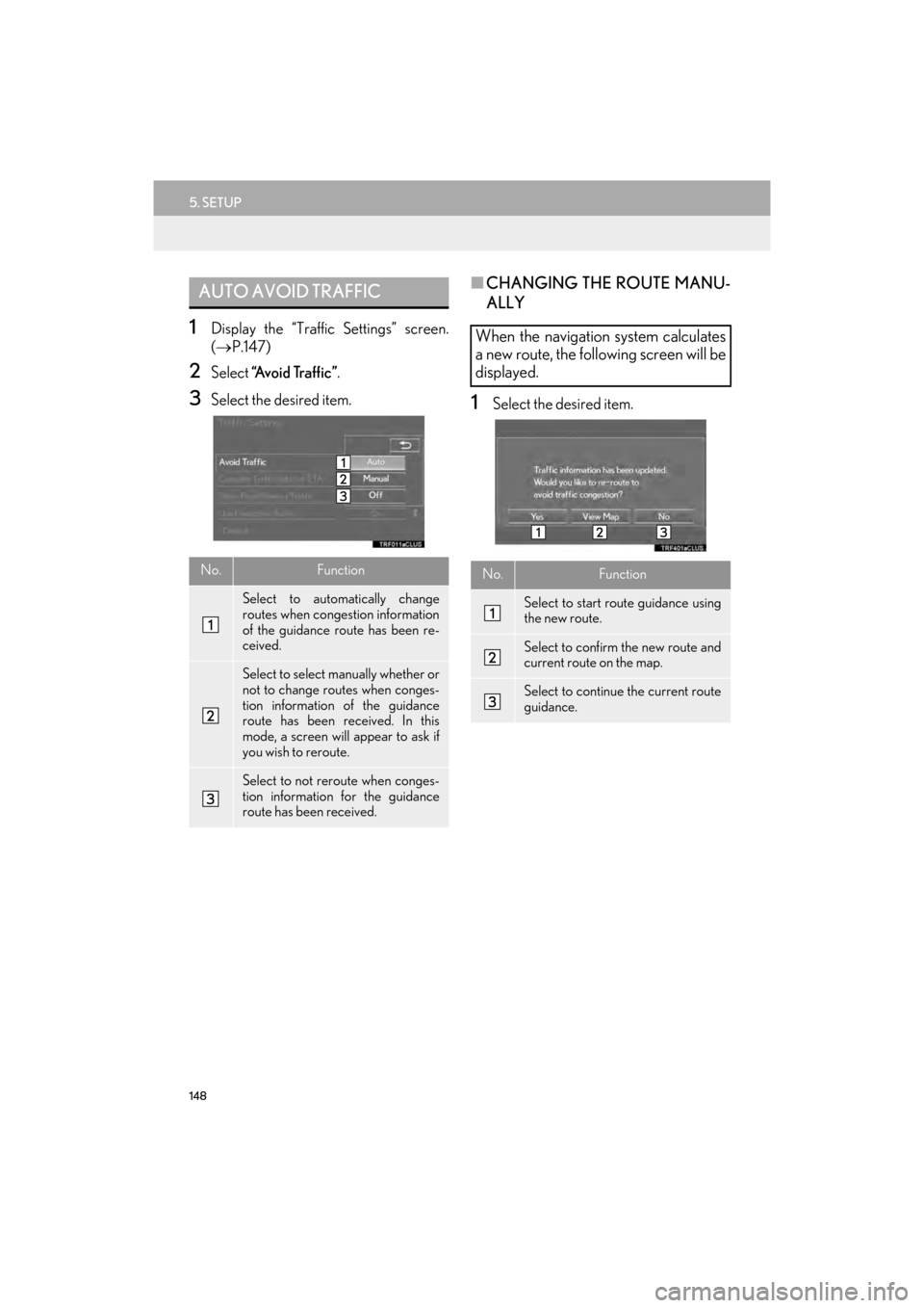 Lexus GX460 2014  Navigation Manual 148
5. SETUP
GX_EMVN_OM60K84U_(U)13.07.02     11:50
1Display the “Traffic Settings” screen.
(→ P.147)
2Select  “A v o i d  Tr a f f i c ” .
3Select the desired item.
■CHANGING THE ROUTE MA