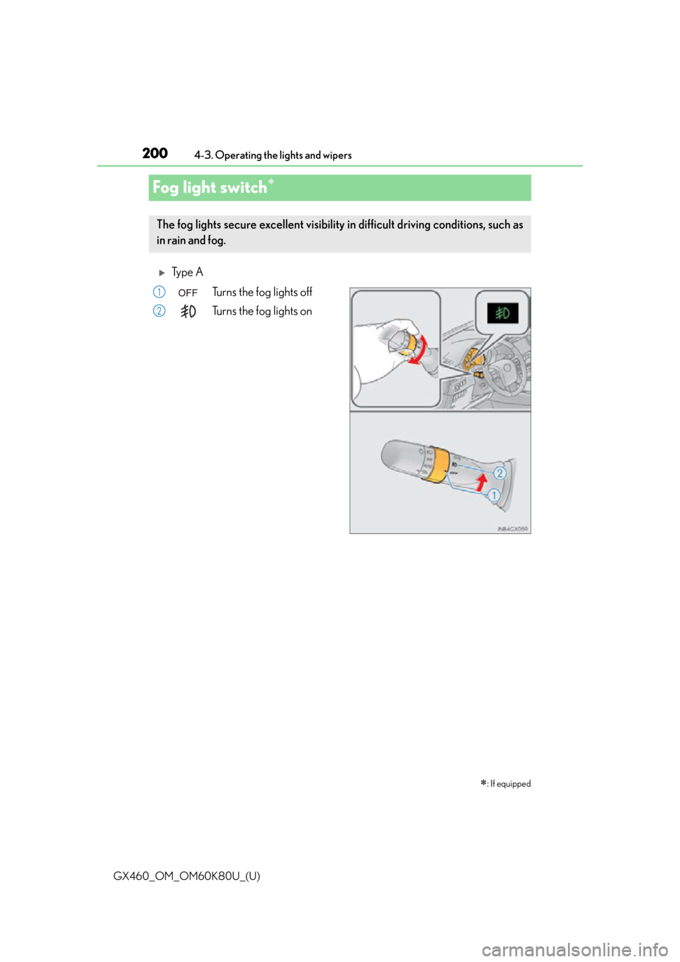 Lexus GX460 2014 Do-it-yourself maintenance / LEXUS 2014 GX460 OWNERS MANUAL (OM60K80U) 200
GX460_OM_OM60K80U_(U)4-3. Operating the lights and wipers
Fog light switch
Ty p e A
Turns the fog lights off
Turns the fog lights on
: If equipped
The fog lights secure excellent visibil Lexus GX460 2014 Do-it-yourself maintenance / LEXUS 2014 GX460 OWNERS MANUAL (OM60K80U) 200
GX460_OM_OM60K80U_(U)4-3. Operating the lights and wipers
Fog light switch
Ty p e A
Turns the fog lights off
Turns the fog lights on
: If equipped
The fog lights secure excellent visibil