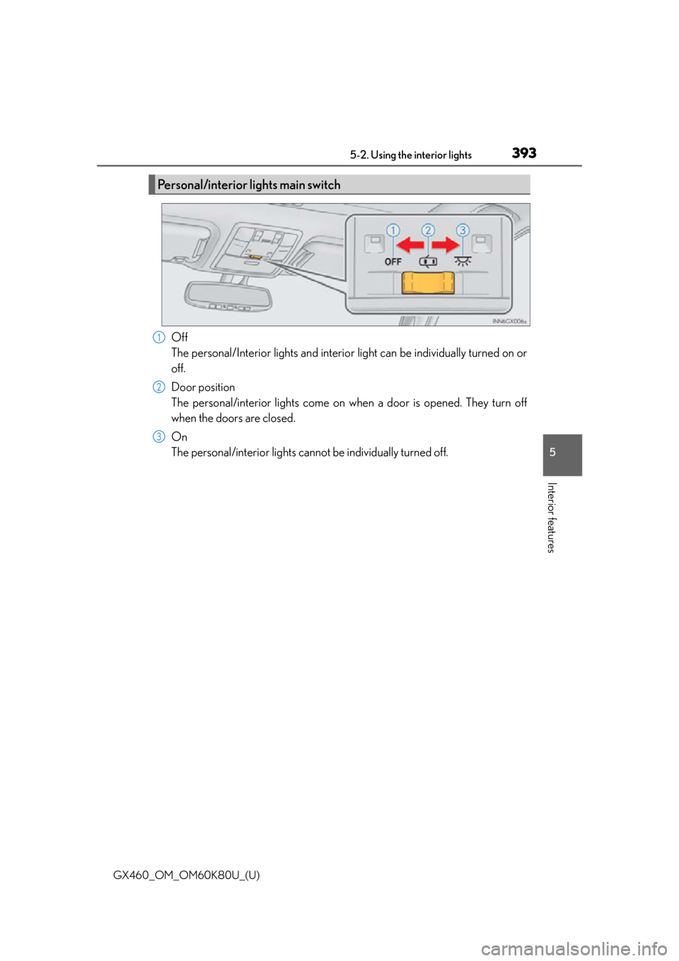 Lexus GX460 2014  Do-it-yourself maintenance / LEXUS 2014 GX460 OWNERS MANUAL (OM60K80U) GX460_OM_OM60K80U_(U)
3935-2. Using the interior lights
5
Interior features
Off
The personal/Interior lights and interior light can be individually turned on or
off.
Door position
The personal/interio