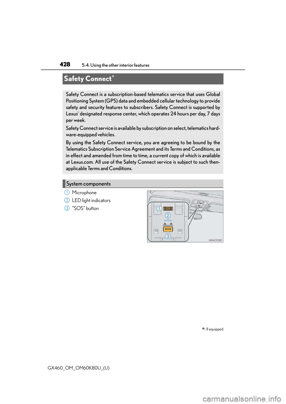 Lexus GX460 2014 Do-it-yourself maintenance / LEXUS 2014 GX460 OWNERS MANUAL (OM60K80U) 428
GX460_OM_OM60K80U_(U)5-4. Using the other interior features
Safety Connect
Microphone
LED light indicators
“SOS” button
: If equipped
Safety Connect is a subscription-based telematics se Lexus GX460 2014 Do-it-yourself maintenance / LEXUS 2014 GX460 OWNERS MANUAL (OM60K80U) 428
GX460_OM_OM60K80U_(U)5-4. Using the other interior features
Safety Connect
Microphone
LED light indicators
“SOS” button
: If equipped
Safety Connect is a subscription-based telematics se