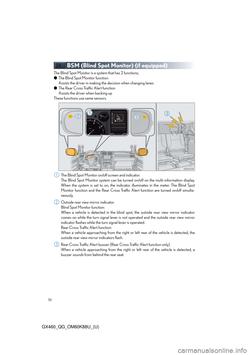Lexus GX460 2014  Do-it-yourself maintenance / LEXUS 2014 GX460 QUICK GUIDE  (OM60K88U) Owners Guide 35
GX460_QG_OM60K88U_(U)
BSM (Blind Spot Monitor) (if equipped)
The Blind Spot Monitor is a system that has 2 functions;
●The Blind Spot Monitor function 
Assists the driver in making the decision w
