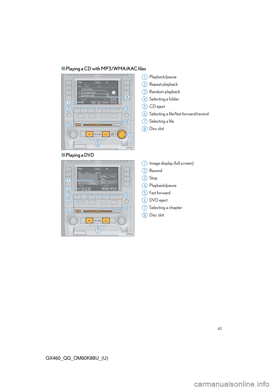 Lexus GX460 2014  Do-it-yourself maintenance / LEXUS 2014 GX460 QUICK GUIDE  (OM60K88U) Repair Manual 62
GX460_QG_OM60K88U_(U)
■Playing a CD with MP3/WMA/AAC files
Playback/pause
Repeat playback
Random playback
Selecting a folder
CD eject
Selecting a file/fast forward/rewind
Selecting a file
Disc sl