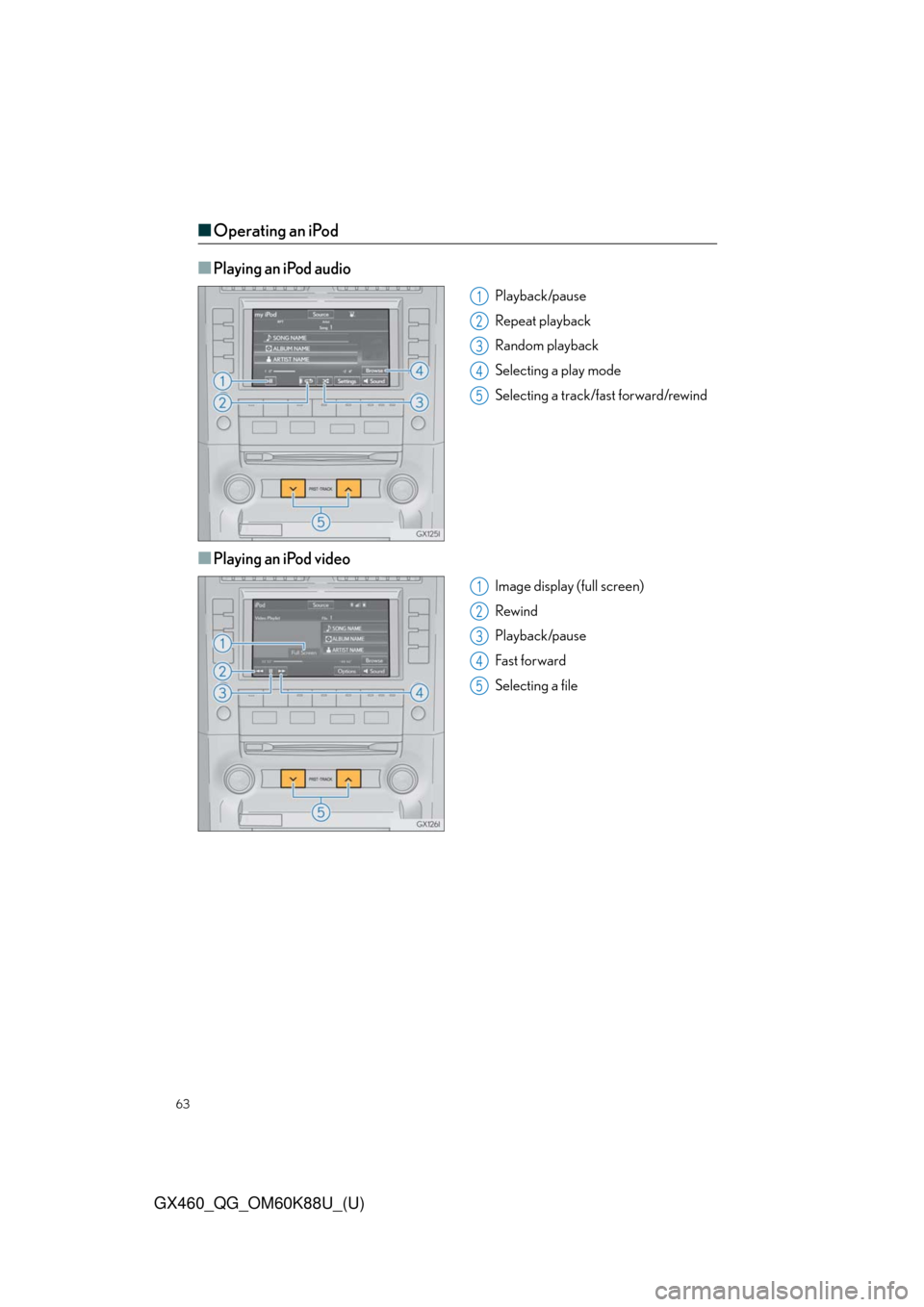 Lexus GX460 2014  Do-it-yourself maintenance / LEXUS 2014 GX460 QUICK GUIDE  (OM60K88U) Repair Manual 63
GX460_QG_OM60K88U_(U)
■Operating an iPod
■
Playing an iPod audio
Playback/pause
Repeat playback
Random playback
Selecting a play mode
Selecting a track/fast forward/rewind
■Playing an iPod vi