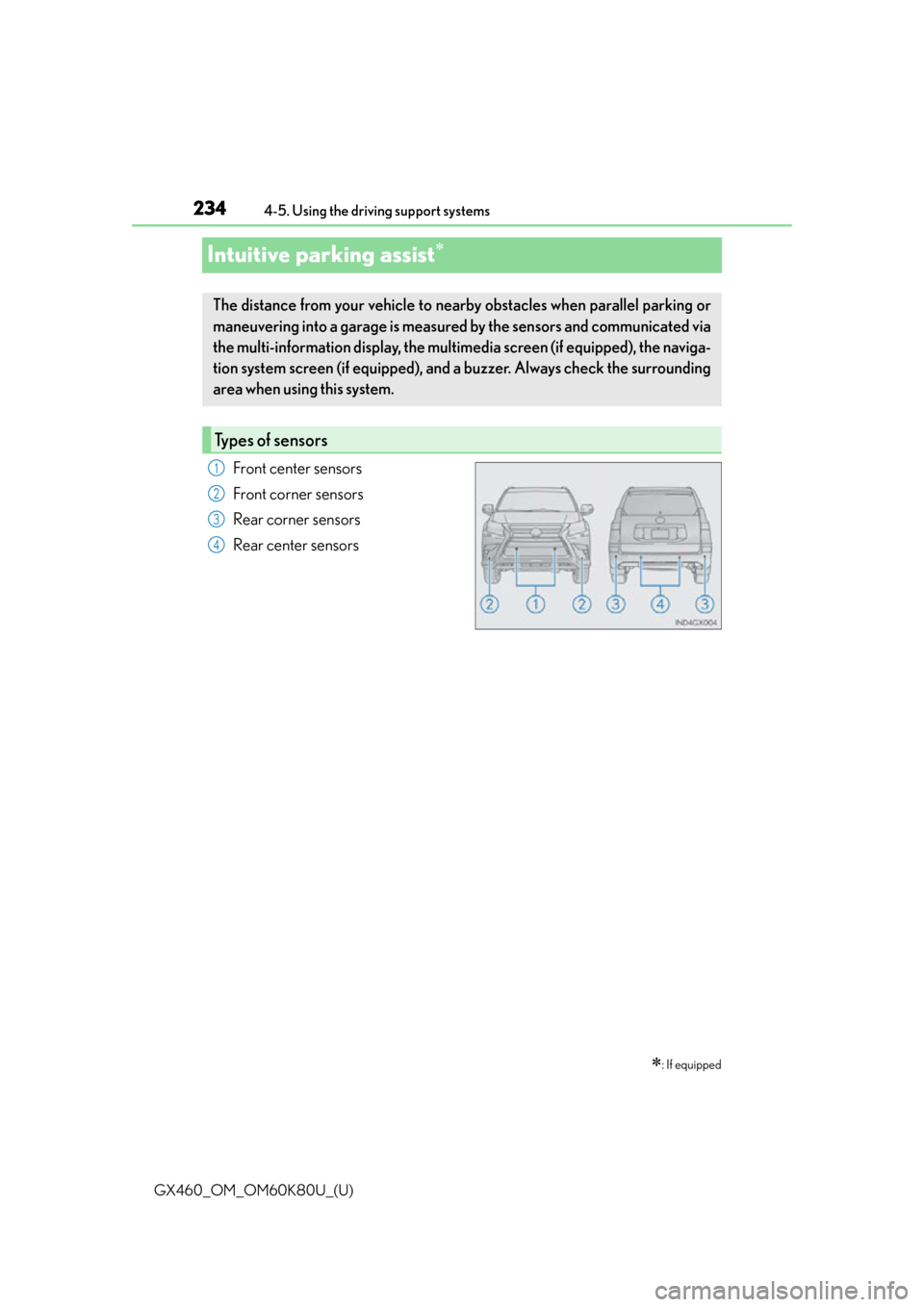 Lexus GX460 2014  REAR SEAT ENTERTAINMENT SYSTEM OPERATION / LEXUS 2014 GX460 OWNERS MANUAL (OM60K80U) 234
GX460_OM_OM60K80U_(U)4-5. Using the driving support systems
Intuitive parking assist
Front center sensors
Front corner sensors
Rear corner sensors
Rear center sensors
: If equipped
The dista