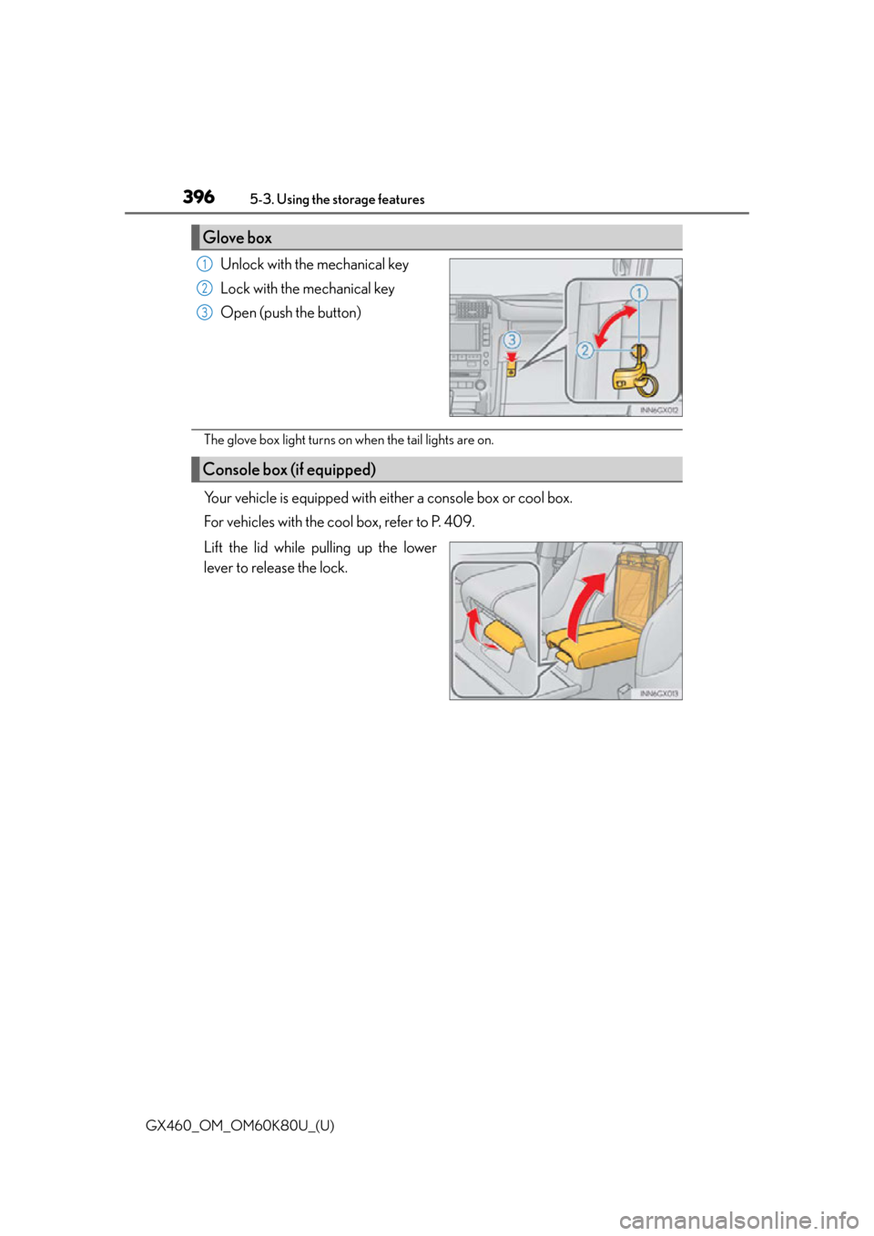 Lexus GX460 2014  REAR SEAT ENTERTAINMENT SYSTEM OPERATION / LEXUS 2014 GX460 OWNERS MANUAL (OM60K80U) 396
GX460_OM_OM60K80U_(U)5-3. Using the storage features
Unlock with the mechanical key
Lock with the mechanical key
Open (push the button)
The glove box light turns on when the tail lights are on.
Yo