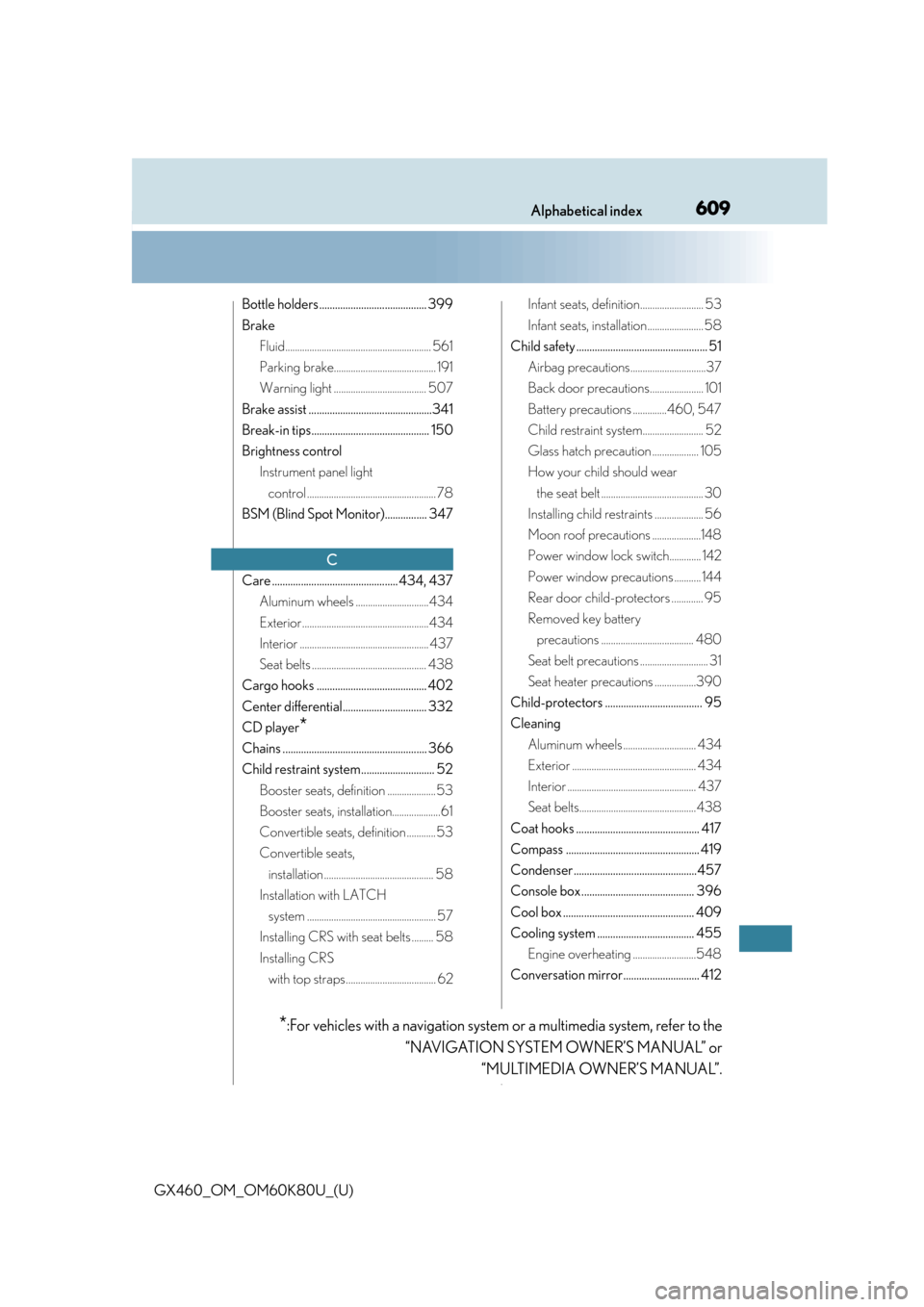 Lexus GX460 2014  REAR SEAT ENTERTAINMENT SYSTEM OPERATION / LEXUS 2014 GX460 OWNERS MANUAL (OM60K80U) 609Alphabetical index
GX460_OM_OM60K80U_(U)
Bottle holders ......................................... 399
BrakeFluid............................................................ 561
Parking brake.......