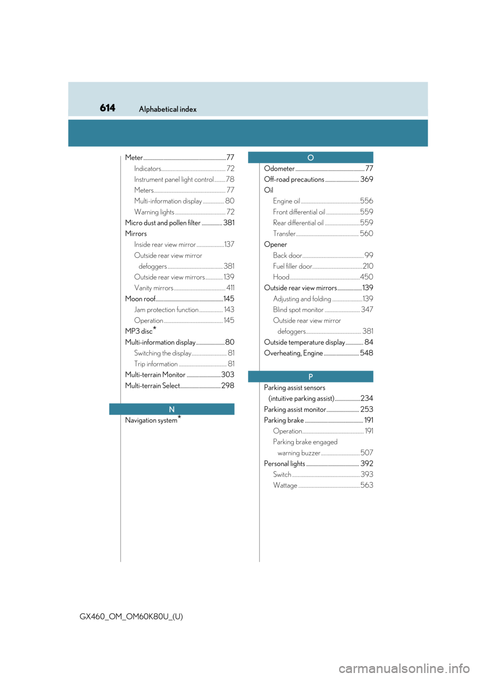 Lexus GX460 2014  REAR SEAT ENTERTAINMENT SYSTEM OPERATION / LEXUS 2014 GX460 OWNERS MANUAL (OM60K80U) 614Alphabetical index
GX460_OM_OM60K80U_(U)
Meter ............................................................. 77Indicators................................................... 72
Instrument panel ligh