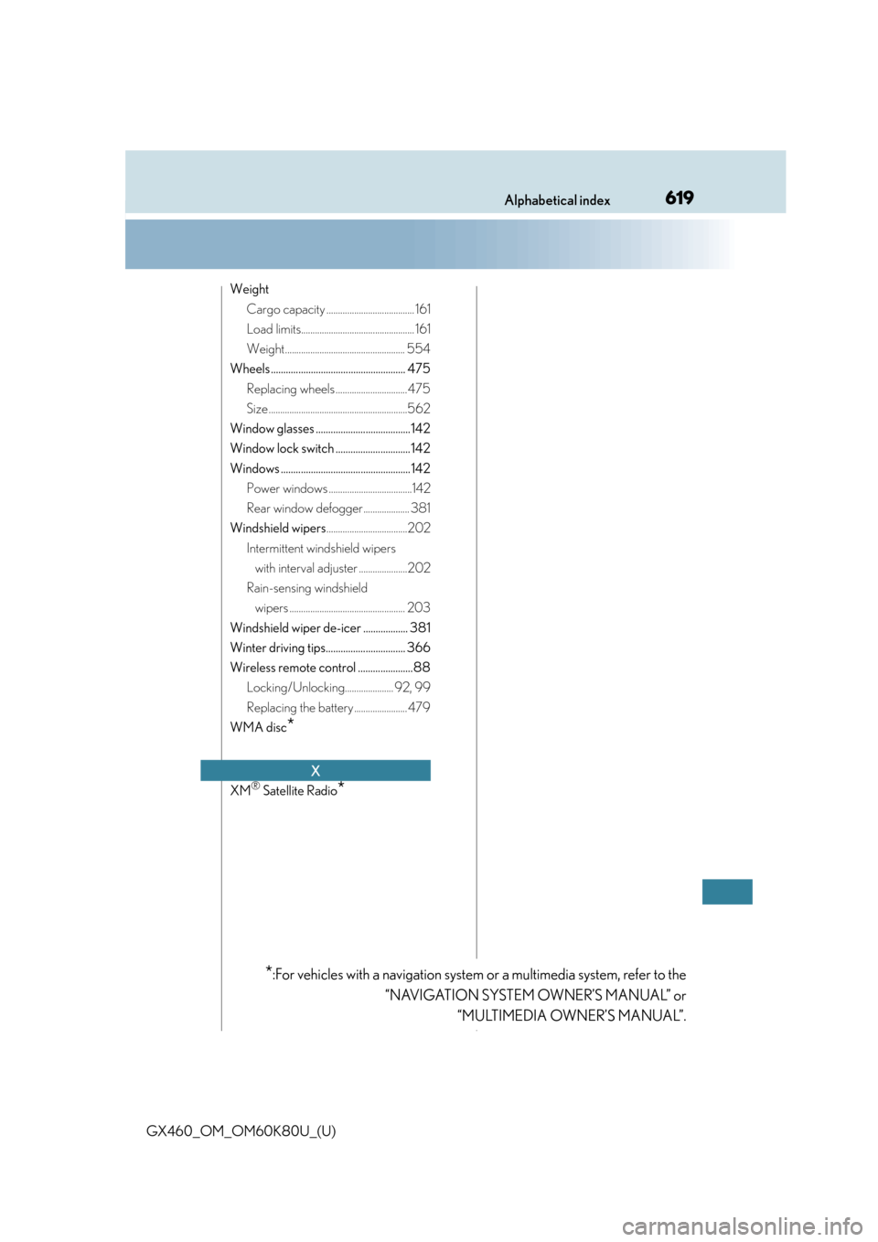 Lexus GX460 2014  REAR SEAT ENTERTAINMENT SYSTEM OPERATION / LEXUS 2014 GX460 OWNERS MANUAL (OM60K80U) 619Alphabetical index
GX460_OM_OM60K80U_(U)
WeightCargo capacity ...................................... 161
Load limits................................................. 161
Weight.....................