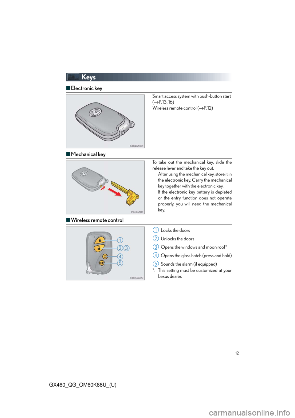 Lexus GX460 2014  REAR SEAT ENTERTAINMENT SYSTEM OPERATION / LEXUS 2014 GX460 QUICK GUIDE  (OM60K88U) User Guide 12
GX460_QG_OM60K88U_(U)
Keys
■Electronic key
Smart access system with push-button start 
(P. 13, 16)
Wireless remote control (P. 1 2 )
■Mechanical key
To take out the mechanical key, slide 