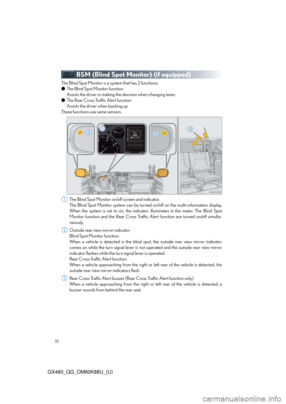 Lexus GX460 2014  REAR SEAT ENTERTAINMENT SYSTEM OPERATION / LEXUS 2014 GX460 QUICK GUIDE OWNERS MANUAL (OM60K88U) 35
GX460_QG_OM60K88U_(U)
BSM (Blind Spot Monitor) (if equipped)
The Blind Spot Monitor is a system that has 2 functions;
●The Blind Spot Monitor function 
Assists the driver in making the decision w
