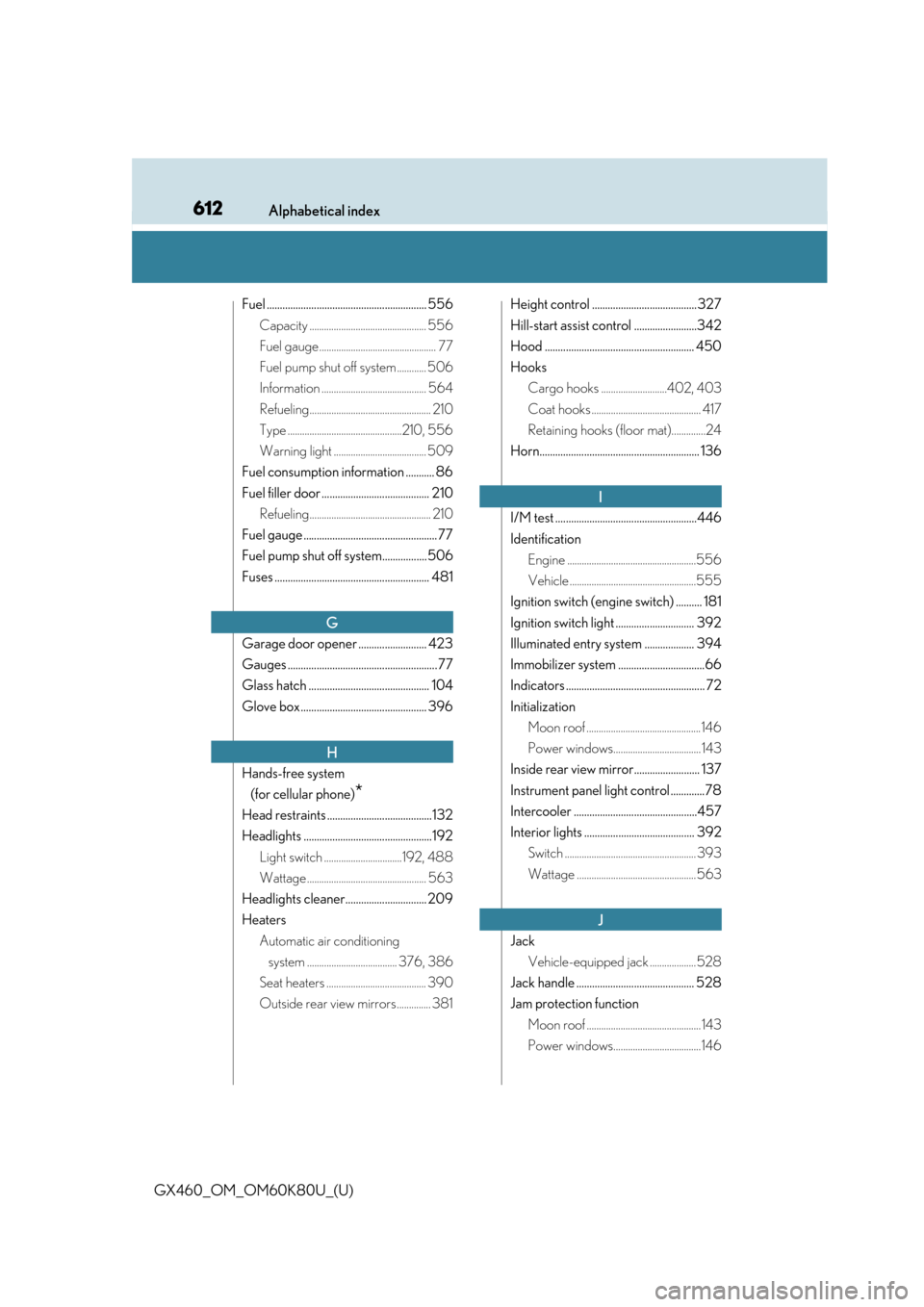 Lexus GX460 2014  Specifications / LEXUS 2014 GX460 OWNERS MANUAL (OM60K80U) 612Alphabetical index
GX460_OM_OM60K80U_(U)
Fuel ............................................................. 556Capacity ................................................ 556
Fuel gauge .............