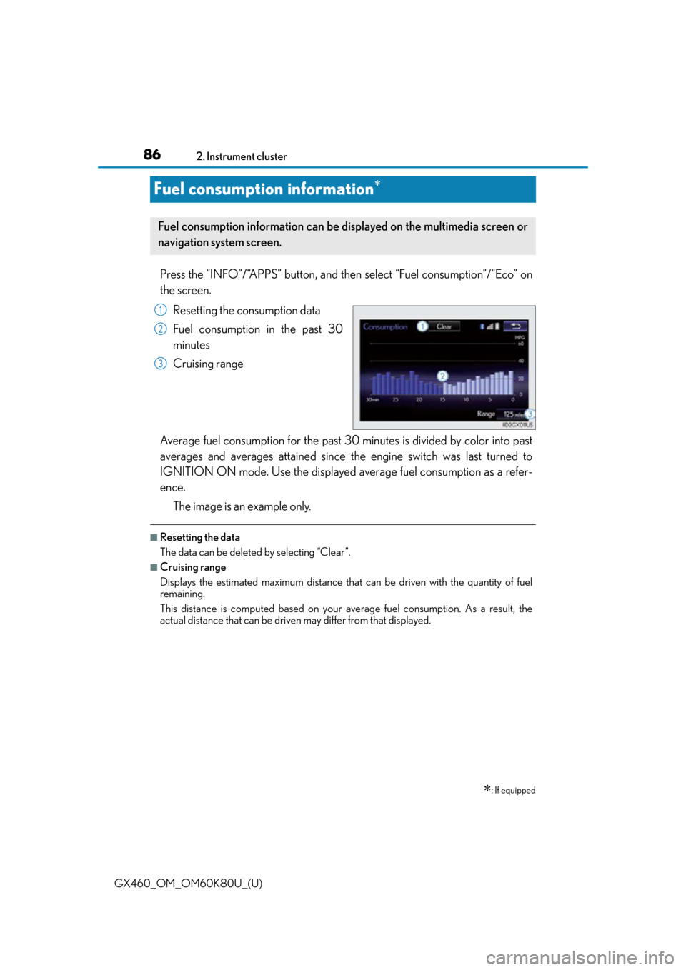 Lexus GX460 2014 Specifications / LEXUS 2014 GX460 OWNERS MANUAL (OM60K80U) 86
GX460_OM_OM60K80U_(U)2. Instrument cluster
Fuel consumption information
Press the “INFO”/“APPS” button, and then
select “Fuel consumption”/“Eco” on
the screen.
Resetting the con Lexus GX460 2014 Specifications / LEXUS 2014 GX460 OWNERS MANUAL (OM60K80U) 86
GX460_OM_OM60K80U_(U)2. Instrument cluster
Fuel consumption information
Press the “INFO”/“APPS” button, and then
select “Fuel consumption”/“Eco” on
the screen.
Resetting the con