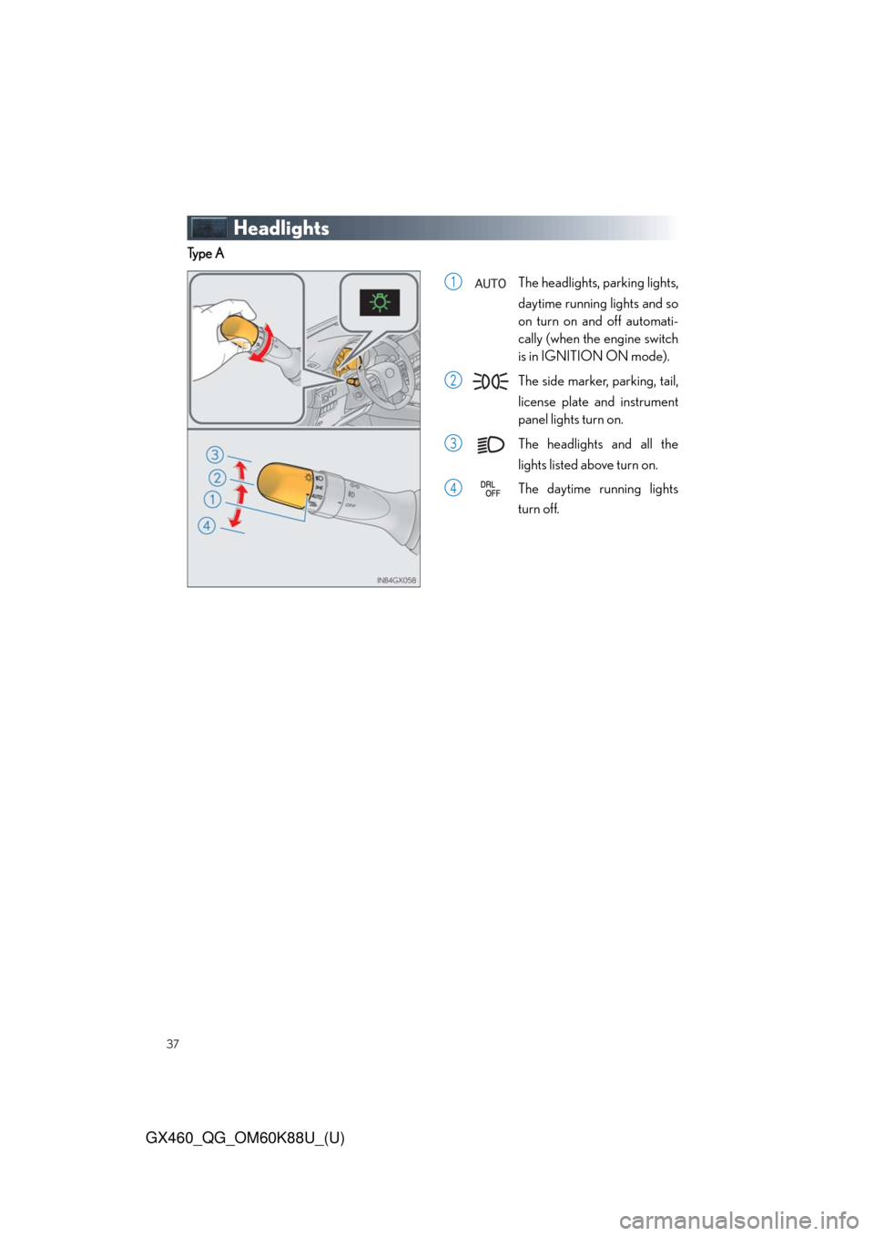 Lexus GX460 2014  Specifications / LEXUS 2014 GX460 QUICK GUIDE  (OM60K88U) Owners Guide 37
GX460_QG_OM60K88U_(U)
Headlights
Ty p e  A
The headlights, parking lights,
daytime running lights and so
on turn on and off automati-
cally (when the engine switch
is in IGNITION ON mode).
The side