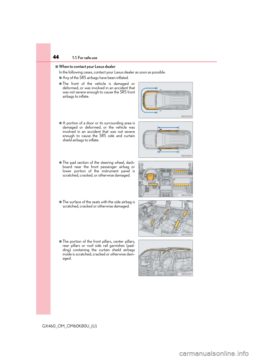 Lexus GX460 2014  Opening, closing and locking the doors and trunk / LEXUS 2014 GX460 OWNERS MANUAL (OM60K80U) 441-1. For safe use
GX460_OM_OM60K80U_(U)
■When to contact your Lexus dealer
In the following cases, contact your Lexus dealer as soon as possible.
●Any of the SRS airbags have been inflated.
●T