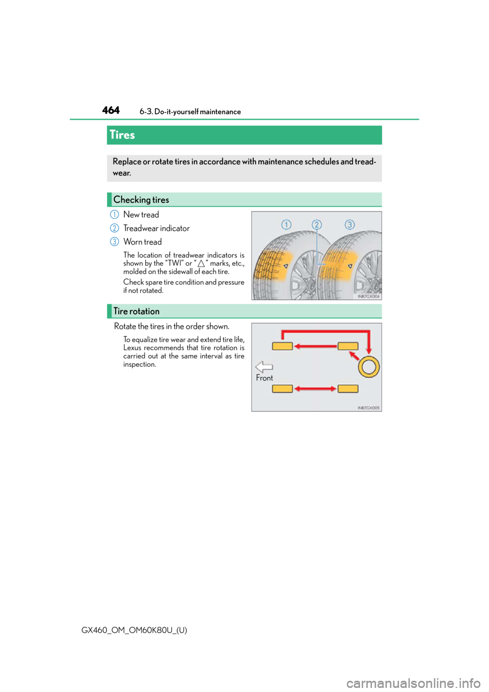 Lexus GX460 2014  Opening, closing and locking the doors and trunk / LEXUS 2014 GX460 OWNERS MANUAL (OM60K80U) 464
GX460_OM_OM60K80U_(U)6-3. Do-it-yourself maintenance
Tires
New tread
Treadwear indicator
Wo r n  t r e a d
The location of treadwear indicators is
shown by the “TWI” or “ ” marks, etc.,
mo