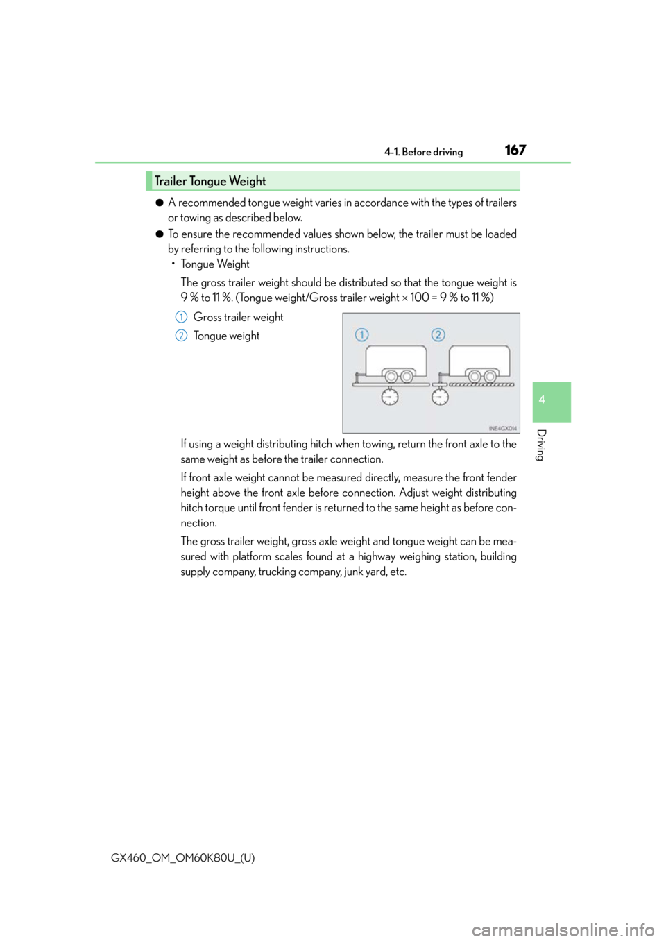 Lexus GX460 2014  Using the air conditioning system and defogger / LEXUS 2014 GX460  (OM60K80U) User Guide GX460_OM_OM60K80U_(U)
1674-1. Before driving
4
Driving
●A recommended tongue weight varies in accordance with the types of trailers
or towing as described below.
●To ensure the recommended values 