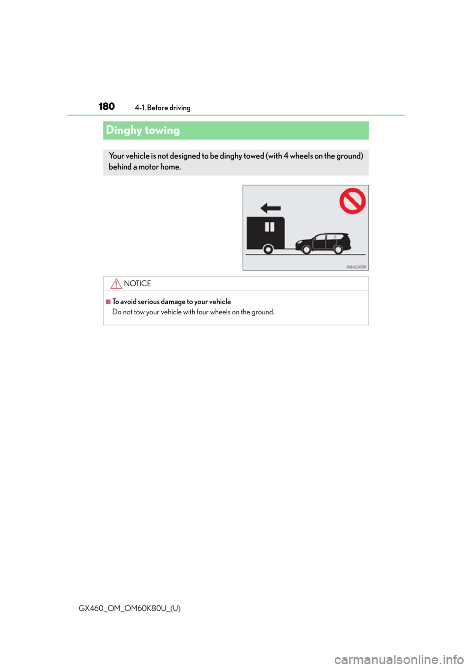 Lexus GX460 2014 Key information / LEXUS 2014 GX460 OWNERS MANUAL (OM60K80U) 180
GX460_OM_OM60K80U_(U)4-1. Before driving
Dinghy towing
Your vehicle is not designed to be ding
hy towed (with 4 wheels on the ground)
behind a motor home.
NOTICE
■To avoid serious damage to you Lexus GX460 2014 Key information / LEXUS 2014 GX460 OWNERS MANUAL (OM60K80U) 180
GX460_OM_OM60K80U_(U)4-1. Before driving
Dinghy towing
Your vehicle is not designed to be ding
hy towed (with 4 wheels on the ground)
behind a motor home.
NOTICE
■To avoid serious damage to you