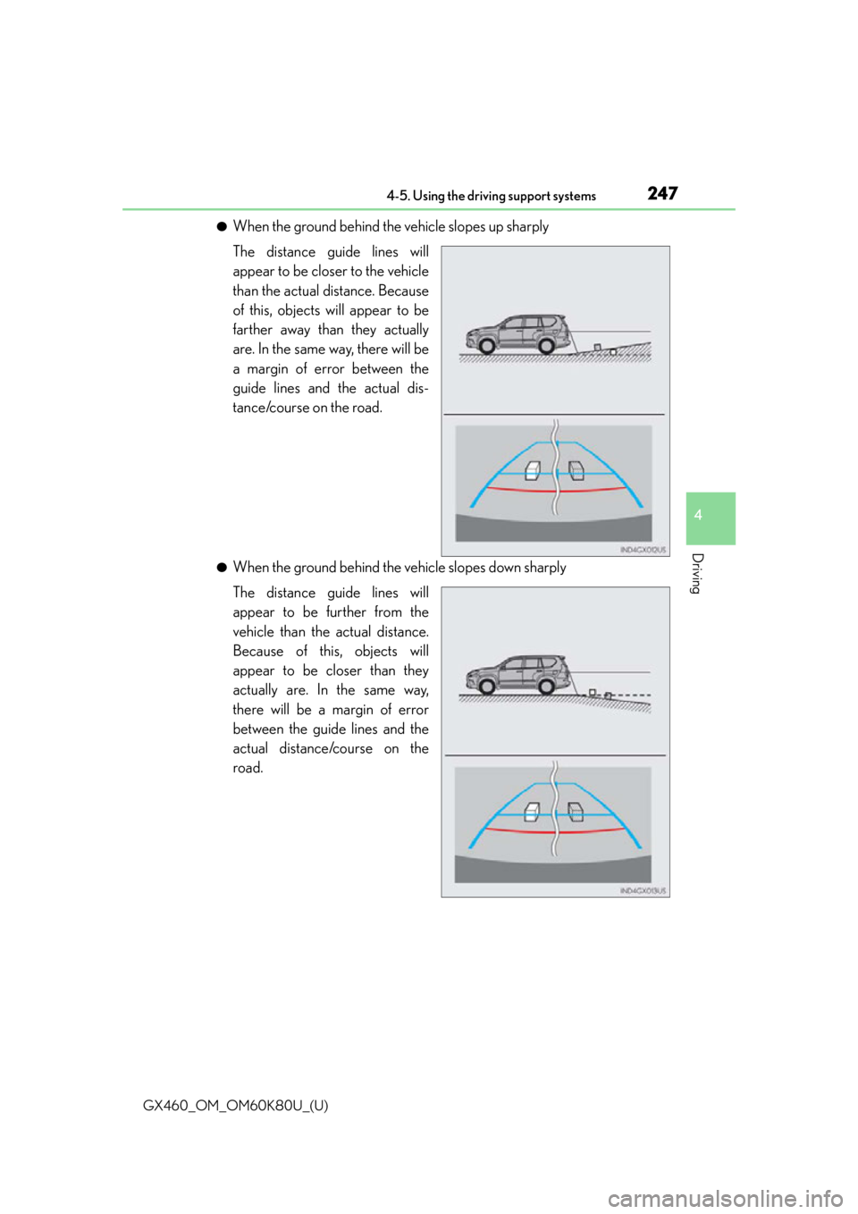 Lexus GX460 2014  Key information / LEXUS 2014 GX460 OWNERS MANUAL (OM60K80U) GX460_OM_OM60K80U_(U)
2474-5. Using the driving support systems
4
Driving
●When the ground behind the vehicle slopes up sharply
The distance guide lines will
appear to be closer to the vehicle
than 