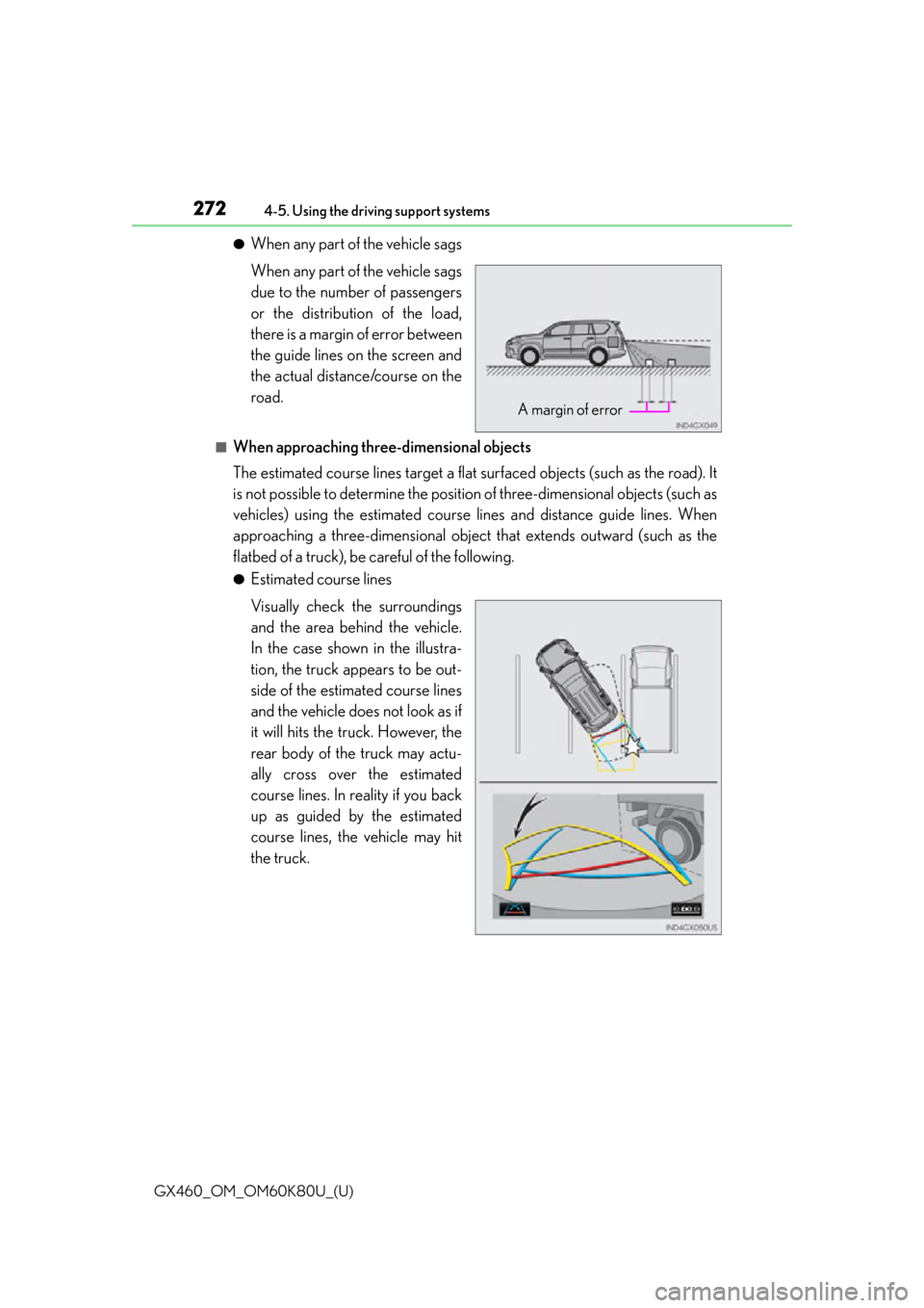 Lexus GX460 2014  Key information / LEXUS 2014 GX460 OWNERS MANUAL (OM60K80U) 272
GX460_OM_OM60K80U_(U)4-5. Using the driving support systems
●When any part of the vehicle sags
When any part of the vehicle sags
due to the number of passengers
or the distribution of the load,
