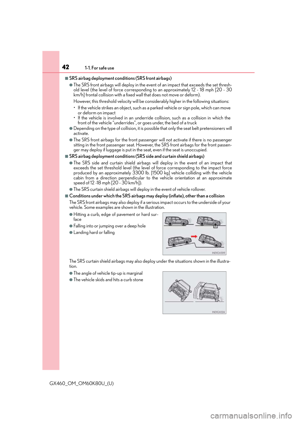 Lexus GX460 2014 Key information / LEXUS 2014 GX460 (OM60K80U) Service Manual 421-1. For safe use
GX460_OM_OM60K80U_(U)
■SRS airbag deployment conditions (SRS front airbags)
●The SRS front airbags will deploy in the event of an impact that exceeds the set thresh-
old level Lexus GX460 2014 Key information / LEXUS 2014 GX460 (OM60K80U) Service Manual 421-1. For safe use
GX460_OM_OM60K80U_(U)
■SRS airbag deployment conditions (SRS front airbags)
●The SRS front airbags will deploy in the event of an impact that exceeds the set thresh-
old level