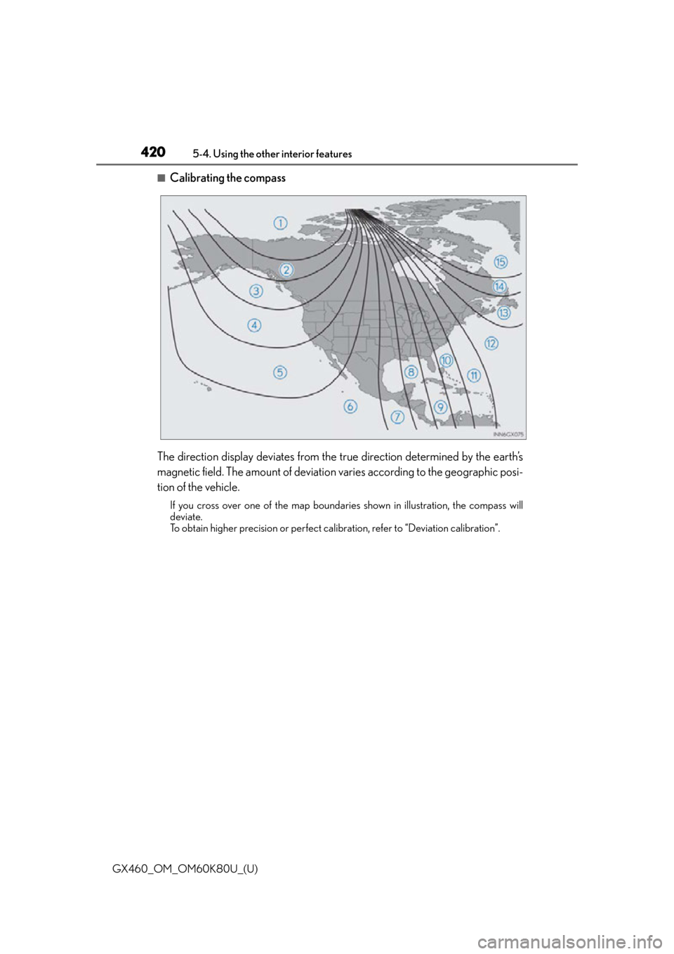 Lexus GX460 2014  Key information / LEXUS 2014 GX460 OWNERS MANUAL (OM60K80U) 420
GX460_OM_OM60K80U_(U)5-4. Using the other interior features
■Calibrating the compass
The direction display deviates from the true direction determined by the earth’s
magnetic field. The amount