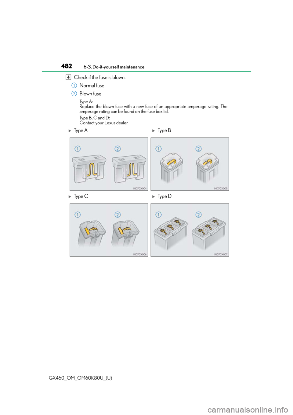 Lexus GX460 2014  Key information / LEXUS 2014 GX460 OWNERS MANUAL (OM60K80U) 482
GX460_OM_OM60K80U_(U)6-3. Do-it-yourself maintenance
Check if the fuse is blown.
Normal fuse
Blown fuse
Type A:
Replace the blown fuse with a new fuse of an appropriate amperage rating. The
ampera