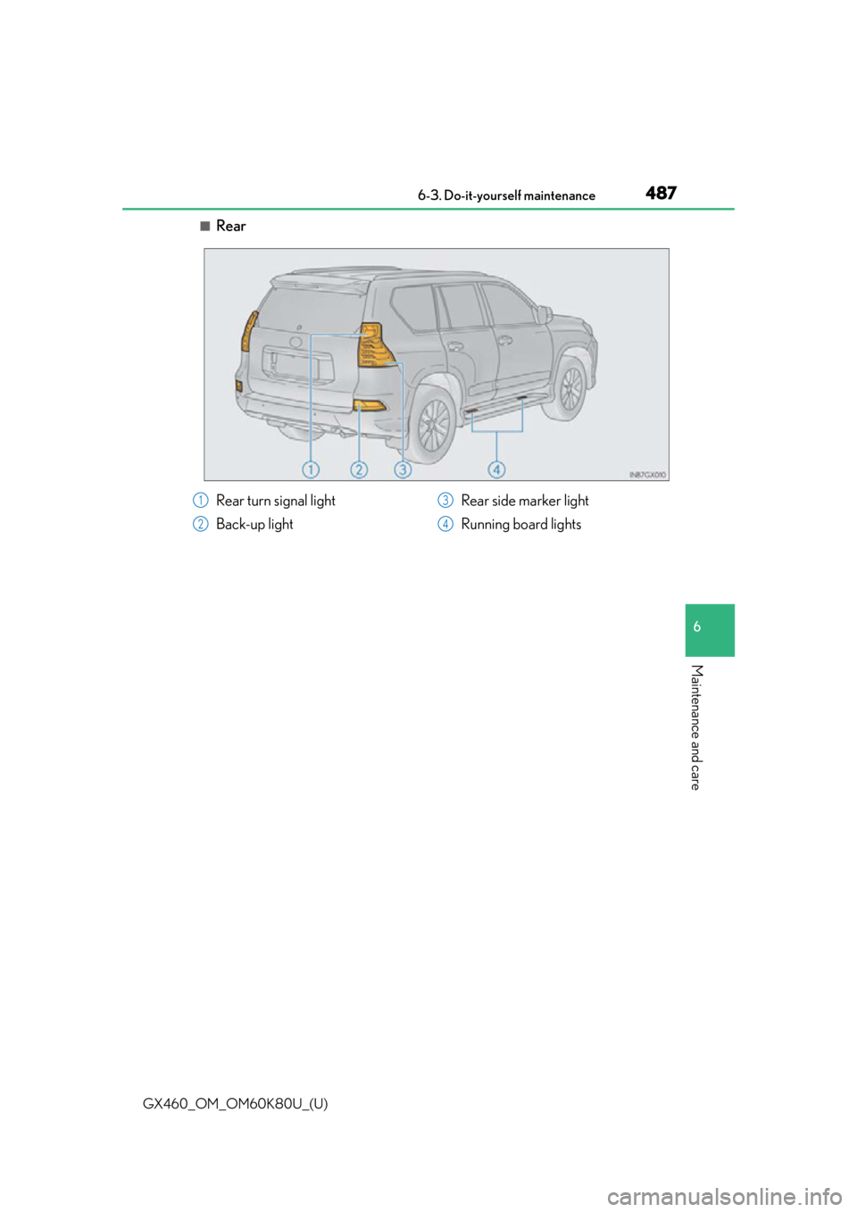 Lexus GX460 2014  Key information / LEXUS 2014 GX460 OWNERS MANUAL (OM60K80U) GX460_OM_OM60K80U_(U)
4876-3. Do-it-yourself maintenance
6
Maintenance and care
■Rear
Rear turn signal light
Back-up lightRear side marker light
Running board lights1
2
3
4 