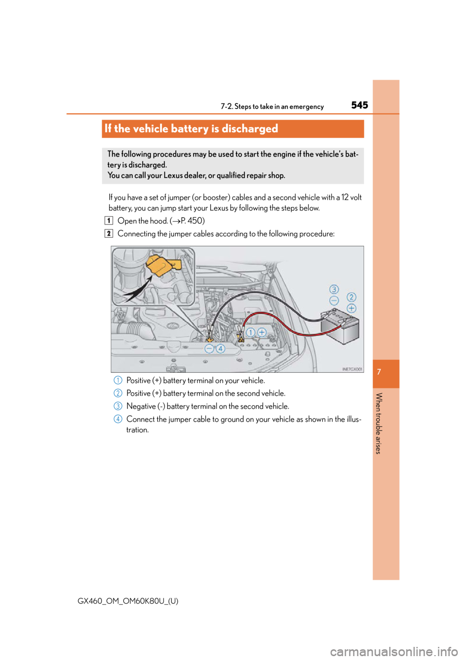Lexus GX460 2014 Key information / LEXUS 2014 GX460 OWNERS MANUAL (OM60K80U) 545
GX460_OM_OM60K80U_(U)
7
When trouble arises
7-2. Steps to take in an emergency
If the vehicle battery is discharged
If you have a set of jumper (or booster) cables and a second vehicle with a 12 v Lexus GX460 2014 Key information / LEXUS 2014 GX460 OWNERS MANUAL (OM60K80U) 545
GX460_OM_OM60K80U_(U)
7
When trouble arises
7-2. Steps to take in an emergency
If the vehicle battery is discharged
If you have a set of jumper (or booster) cables and a second vehicle with a 12 v