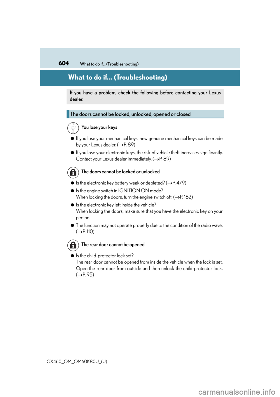 Lexus GX460 2014 Key information / LEXUS 2014 GX460 OWNERS MANUAL (OM60K80U) 604What to do if... (Troubleshooting)
GX460_OM_OM60K80U_(U)
What to do if... (Troubleshooting)
●If you lose your mechanical keys, new genuine mechanical keys can be made
by your Lexus dealer. ( P Lexus GX460 2014 Key information / LEXUS 2014 GX460 OWNERS MANUAL (OM60K80U) 604What to do if... (Troubleshooting)
GX460_OM_OM60K80U_(U)
What to do if... (Troubleshooting)
●If you lose your mechanical keys, new genuine mechanical keys can be made
by your Lexus dealer. ( P