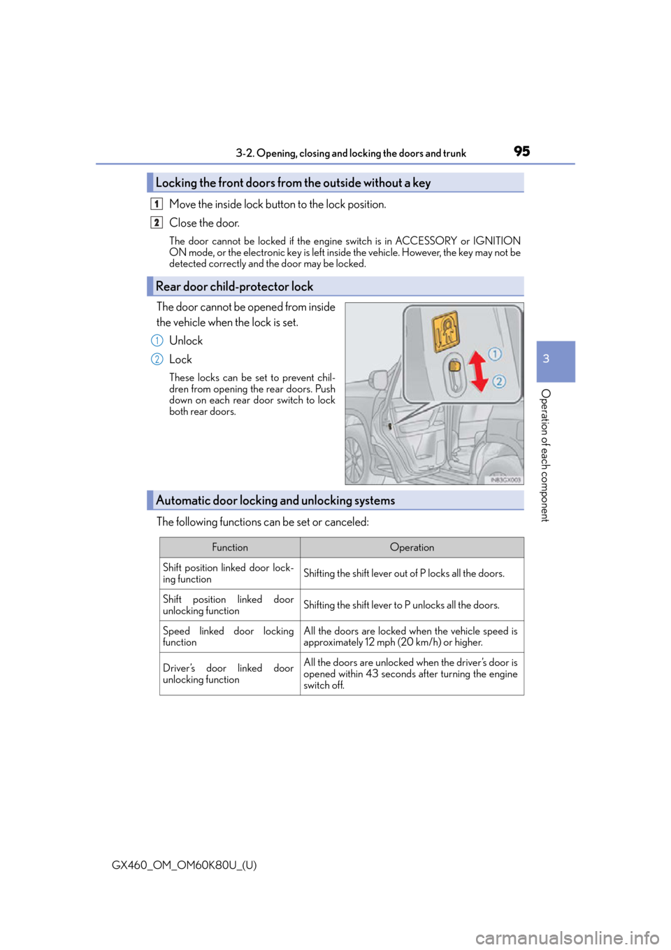 Lexus GX460 2014 Key information / LEXUS 2014 GX460 OWNERS MANUAL (OM60K80U) GX460_OM_OM60K80U_(U)
953-2. Opening, closing and locking the doors and trunk
3
Operation of each component
Move the inside lock button to the lock position.
Close the door.
The door cannot be locked Lexus GX460 2014 Key information / LEXUS 2014 GX460 OWNERS MANUAL (OM60K80U) GX460_OM_OM60K80U_(U)
953-2. Opening, closing and locking the doors and trunk
3
Operation of each component
Move the inside lock button to the lock position.
Close the door.
The door cannot be locked