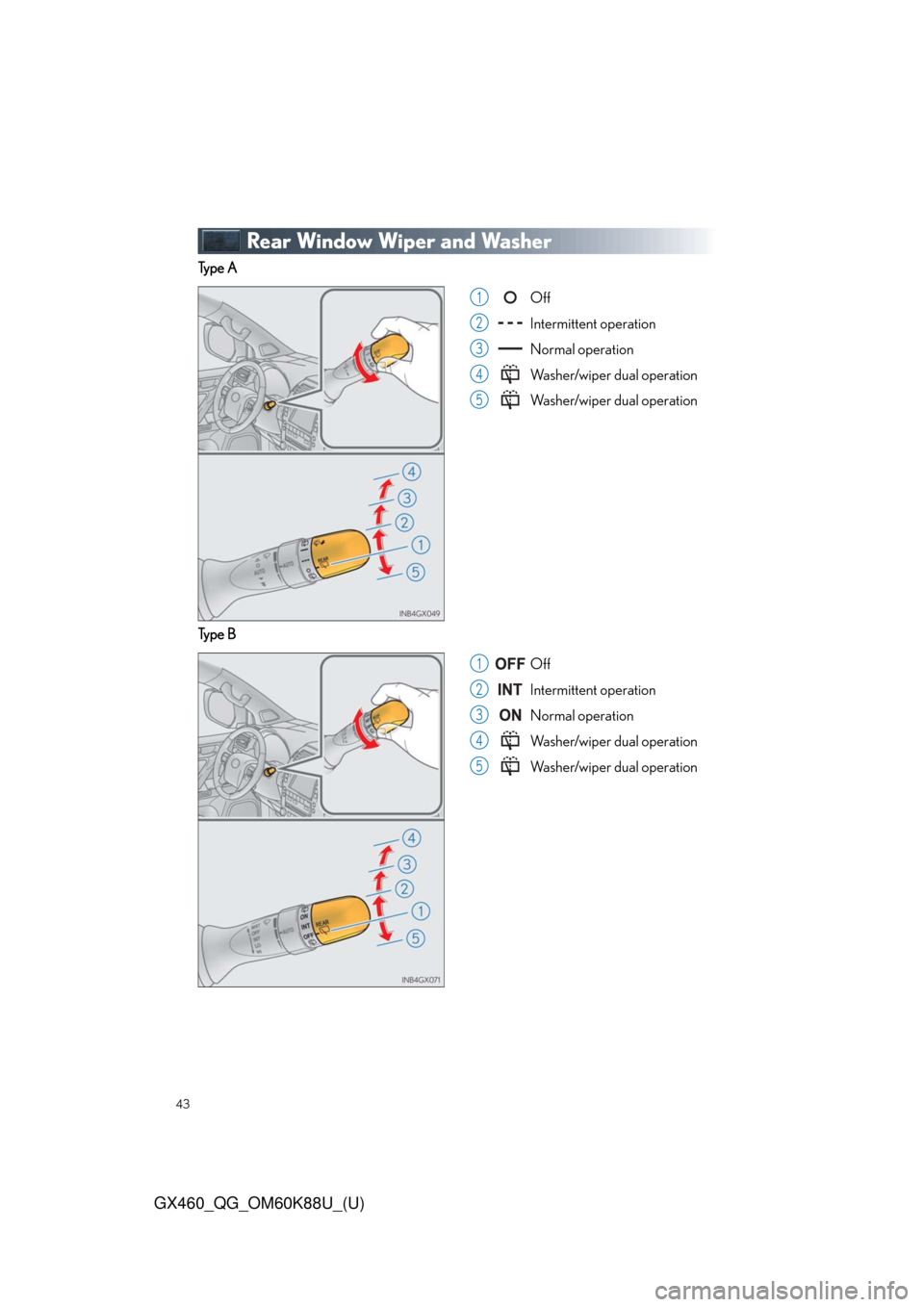 Lexus GX460 2014  Key information / LEXUS 2014 GX460 QUICK GUIDE  (OM60K88U) Service Manual 43
GX460_QG_OM60K88U_(U)
Rear Window Wiper and Washer
Ty p e  A
Off
Intermittent operation
Normal operation
Washer/wiper dual operation
Washer/wiper dual operation
Ty p e  B
Off
Intermittent operation