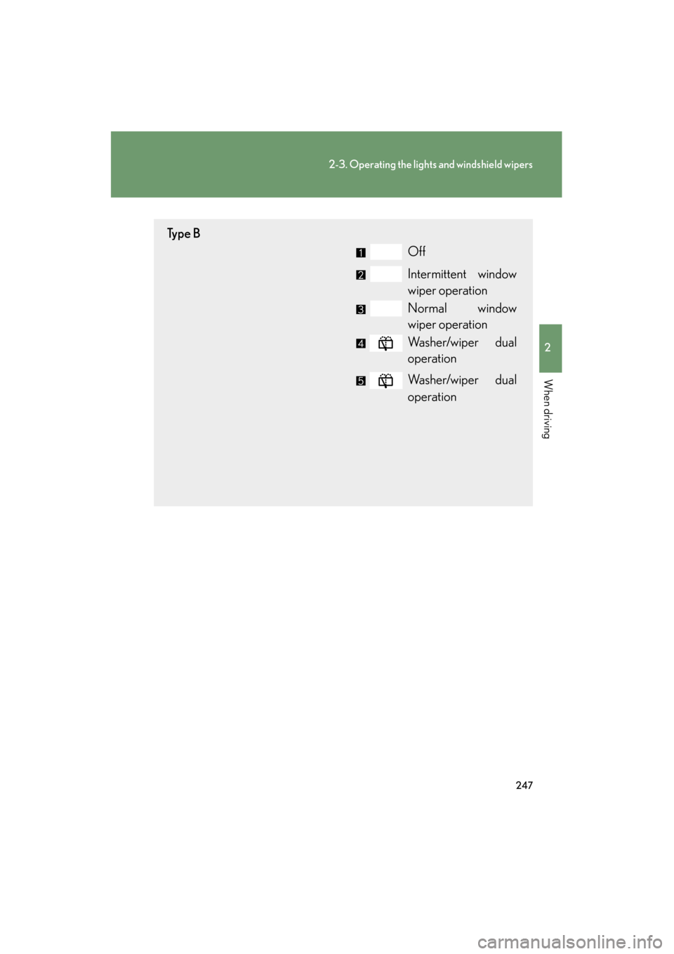 Lexus GX460 2013  Owners Manual 247
2-3. Operating the lights and windshield wipers
2
When driving
GX460_OM_OM60J63U_(U)
Ty p e  BOff
Intermittent window
wiper operation
Normal window
wiper operation
Washer/wiper dual
operation
Wash