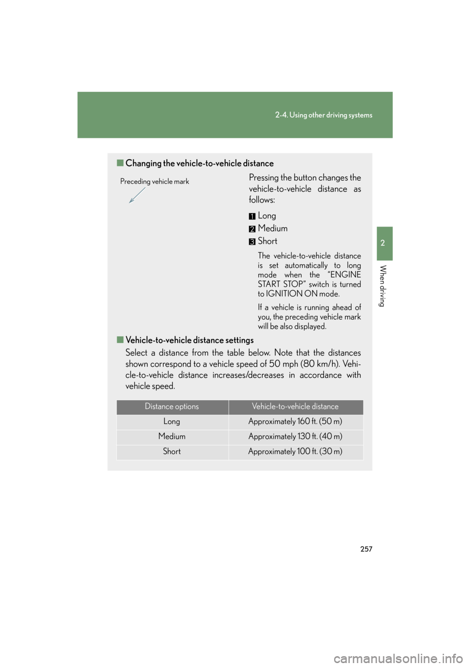 Lexus GX460 2013 Owners Manual 257
2-4. Using other driving systems
2
When driving
GX460_OM_OM60J63U_(U)
■Changing the vehicle- to-vehicle distance
Pressing the button changes the
vehicle-to-vehicle distance as
follows:
Long
Medi Lexus GX460 2013 Owners Manual 257
2-4. Using other driving systems
2
When driving
GX460_OM_OM60J63U_(U)
■Changing the vehicle- to-vehicle distance
Pressing the button changes the
vehicle-to-vehicle distance as
follows:
Long
Medi