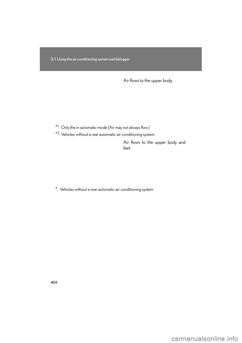 Lexus GX460 2013 Owners Manual 404
3-1. Using the air conditioning system and defogger
GX460_OM_OM60J63U_(U)Air flows to the upper body.
*1: Only the in automatic mode (Air may not always flow.)
*2: Vehicles without a rear automati Lexus GX460 2013 Owners Manual 404
3-1. Using the air conditioning system and defogger
GX460_OM_OM60J63U_(U)Air flows to the upper body.
*1: Only the in automatic mode (Air may not always flow.)
*2: Vehicles without a rear automati