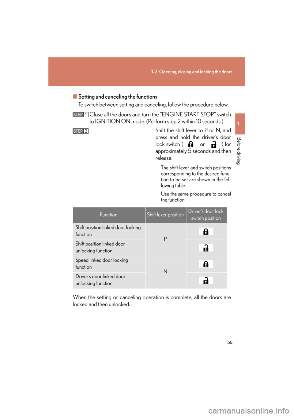 Lexus GX460 2013 User Guide 55
1-2. Opening, closing and locking the doors
1
Before driving
GX460_OM_OM60J63U_(U)■
Setting and canceling the functions
To switch between setting and canceling, follow the procedure below.
Close Lexus GX460 2013 User Guide 55
1-2. Opening, closing and locking the doors
1
Before driving
GX460_OM_OM60J63U_(U)■
Setting and canceling the functions
To switch between setting and canceling, follow the procedure below.
Close