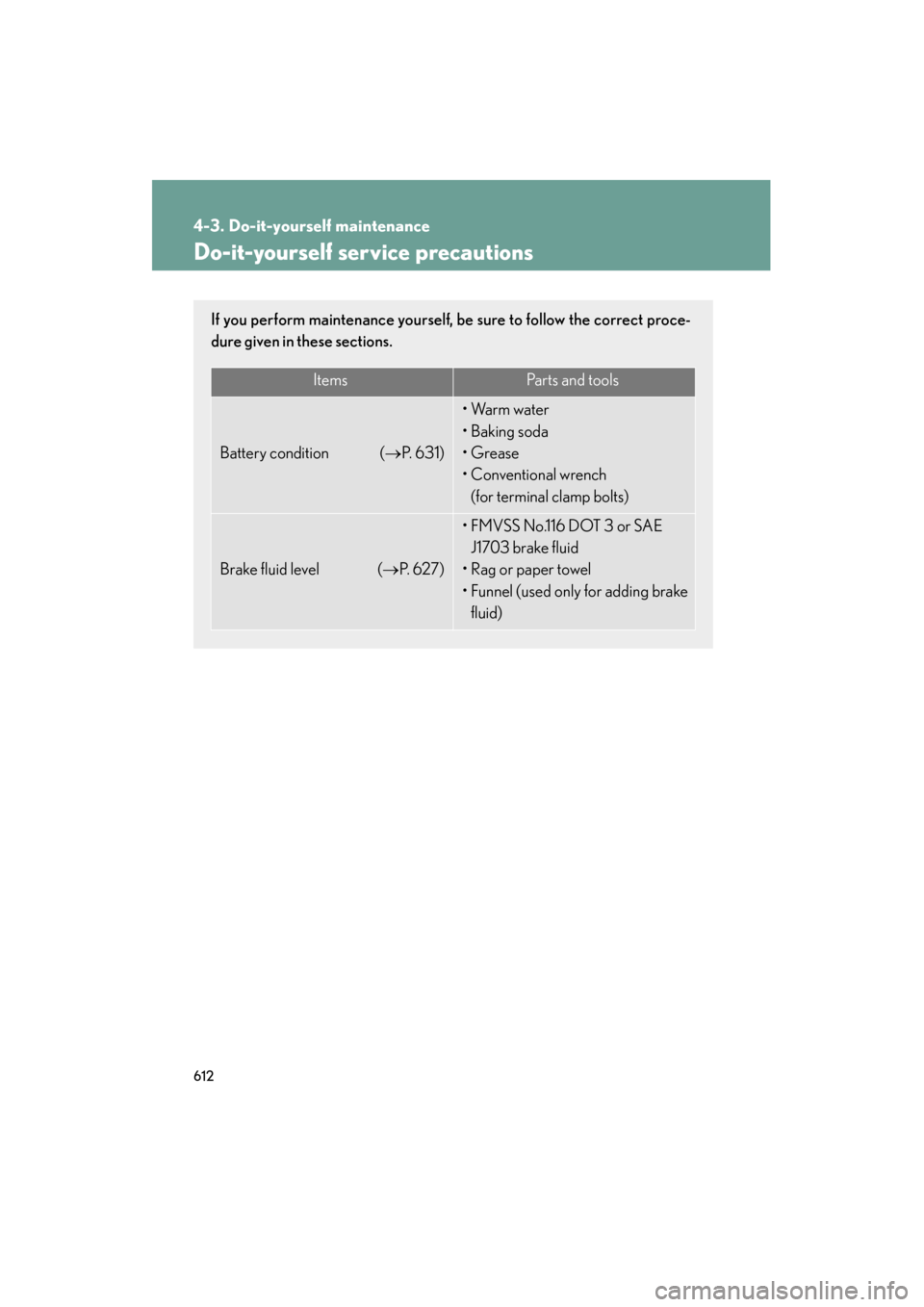 Lexus GX460 2013  Owners Manual 612
GX460_OM_OM60J63U_(U)
4-3. Do-it-yourself maintenance
Do-it-yourself service precautions
If you perform maintenance yourself, be sure to follow the correct proce-
dure given in these sections.
Ite