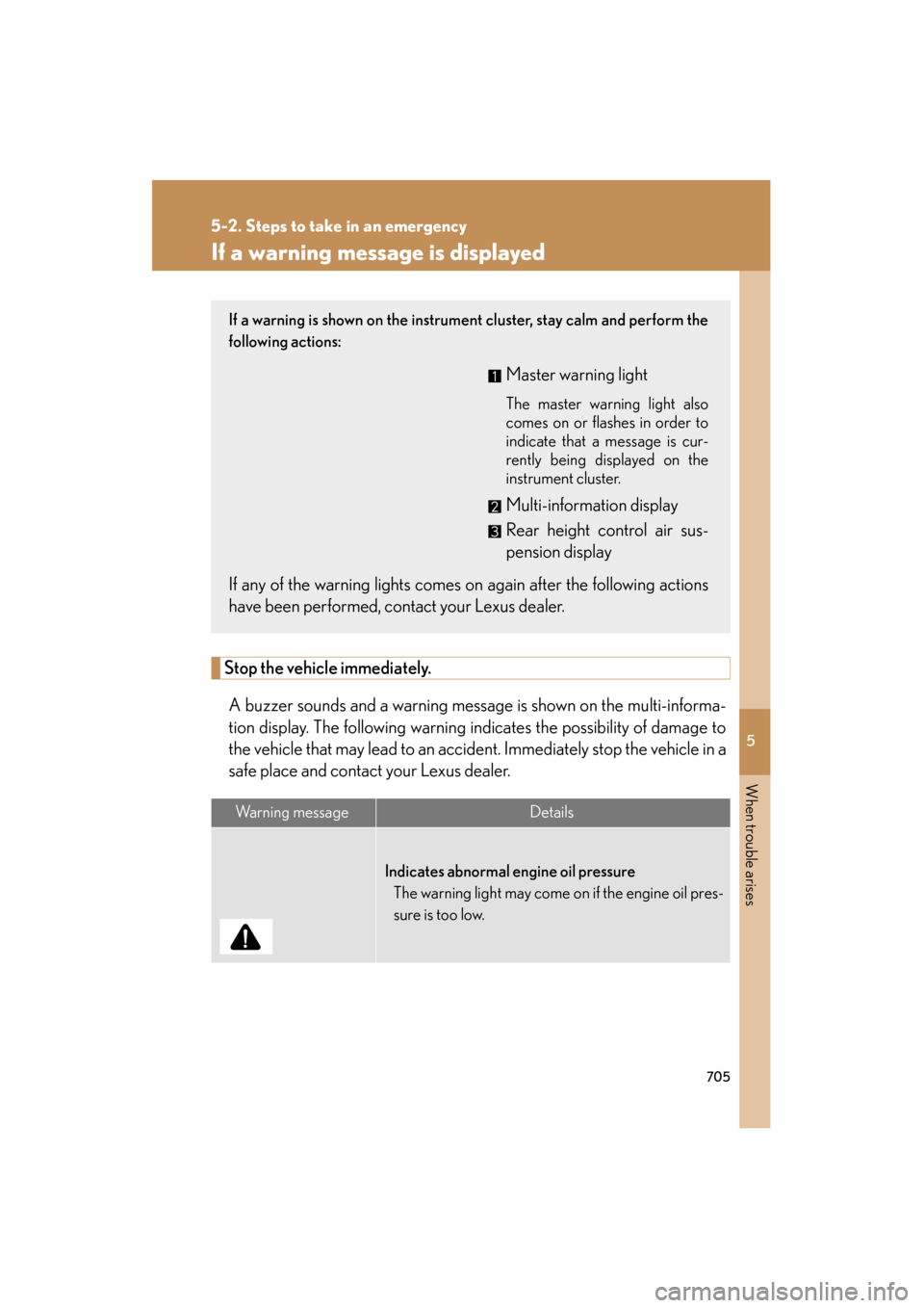Lexus GX460 2013 Owners Manual 5
When trouble arises
705
5-2. Steps to take in an emergency
GX460_OM_OM60J63U_(U)
If a warning message is displayed
Stop the vehicle immediately.A buzzer sounds and a warning message is shown on the Lexus GX460 2013 Owners Manual 5
When trouble arises
705
5-2. Steps to take in an emergency
GX460_OM_OM60J63U_(U)
If a warning message is displayed
Stop the vehicle immediately.A buzzer sounds and a warning message is shown on the