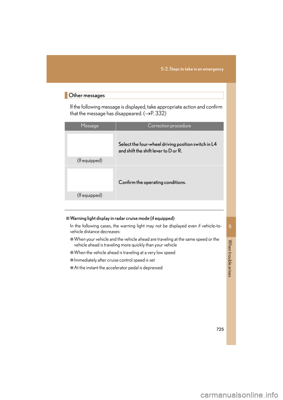 Lexus GX460 2013  Owners Manual 5
When trouble arises
725
5-2. Steps to take in an emergency
GX460_OM_OM60J63U_(U)
Other messagesIf the following message is displayed, take appropriate action and confirm
that the message has disappe