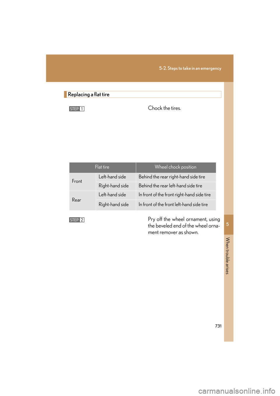 Lexus GX460 2013 Owners Manual 5
When trouble arises
731
5-2. Steps to take in an emergency
GX460_OM_OM60J63U_(U)
Replacing a flat tireChock the tires.
Pry off the wheel ornament, using
the beveled end of the wheel orna-
ment remov Lexus GX460 2013 Owners Manual 5
When trouble arises
731
5-2. Steps to take in an emergency
GX460_OM_OM60J63U_(U)
Replacing a flat tireChock the tires.
Pry off the wheel ornament, using
the beveled end of the wheel orna-
ment remov
