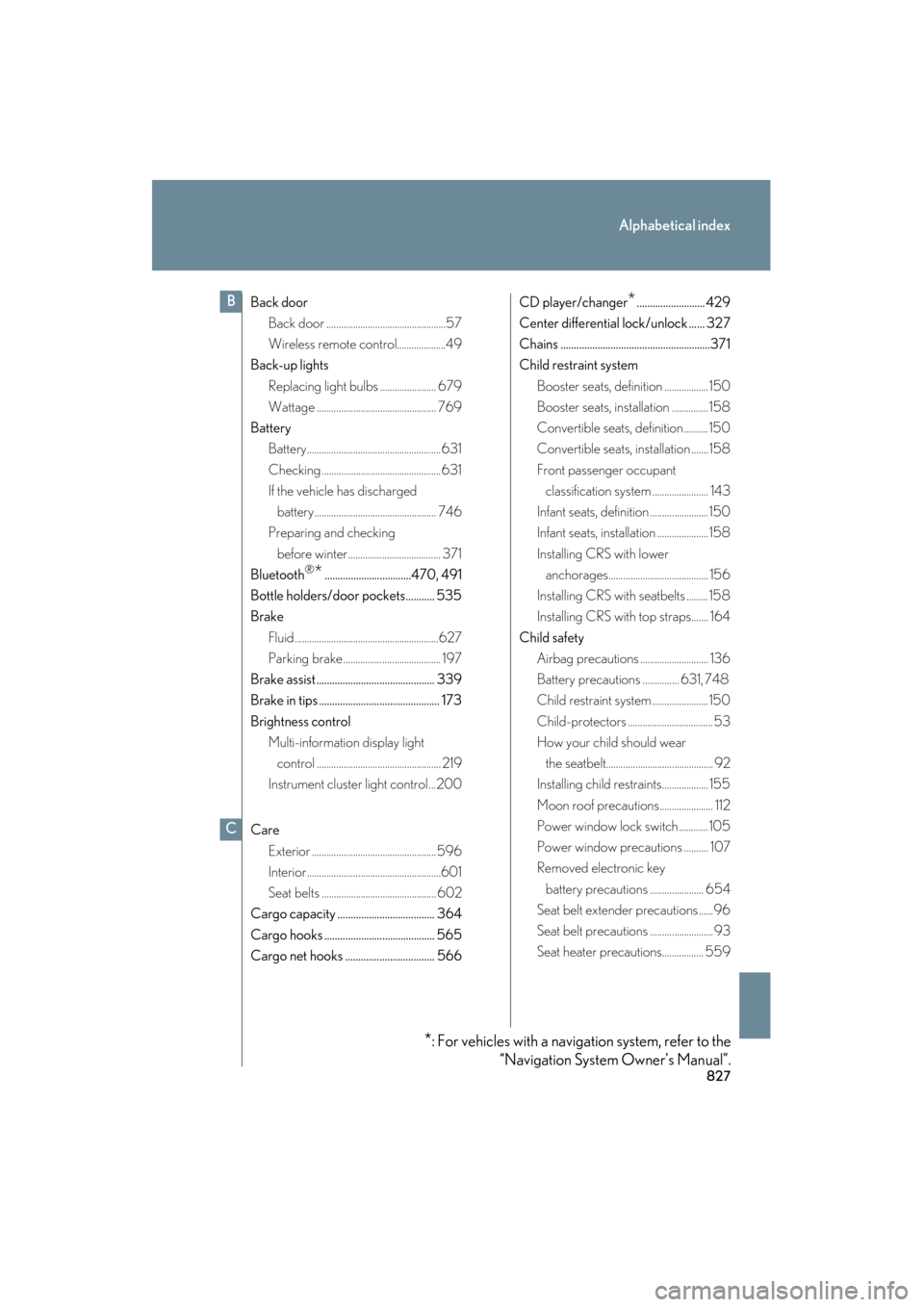 Lexus GX460 2013  Owners Manual 827
Alphabetical index
GX460_OM_OM60J63U_(U)
Back doorBack door .................................................57
Wireless remote control....................49
Back-up lights
Replacing light bulbs .