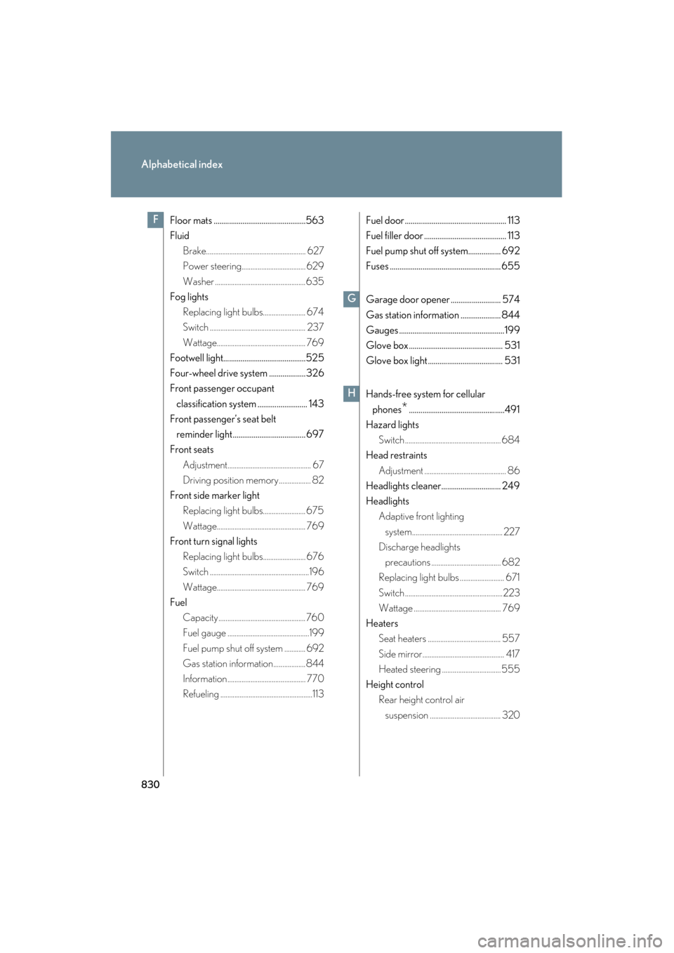 Lexus GX460 2013  Owners Manual 830
Alphabetical index
GX460_OM_OM60J63U_(U)
Floor mats ................................................563
FluidBrake........................................................ 627
Power steering.......