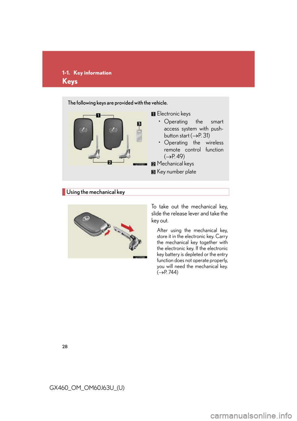Lexus GX460 2013 Specifications / 28
GX460_OM_OM60J63U_(U)
1-1. Key information
Keys
Using the mechanical keyTo take out the mechanical key,
slide the release lever and take the
key out.
After using the mechanical key,
store it in the Lexus GX460 2013 Specifications / 28
GX460_OM_OM60J63U_(U)
1-1. Key information
Keys
Using the mechanical keyTo take out the mechanical key,
slide the release lever and take the
key out.
After using the mechanical key,
store it in the