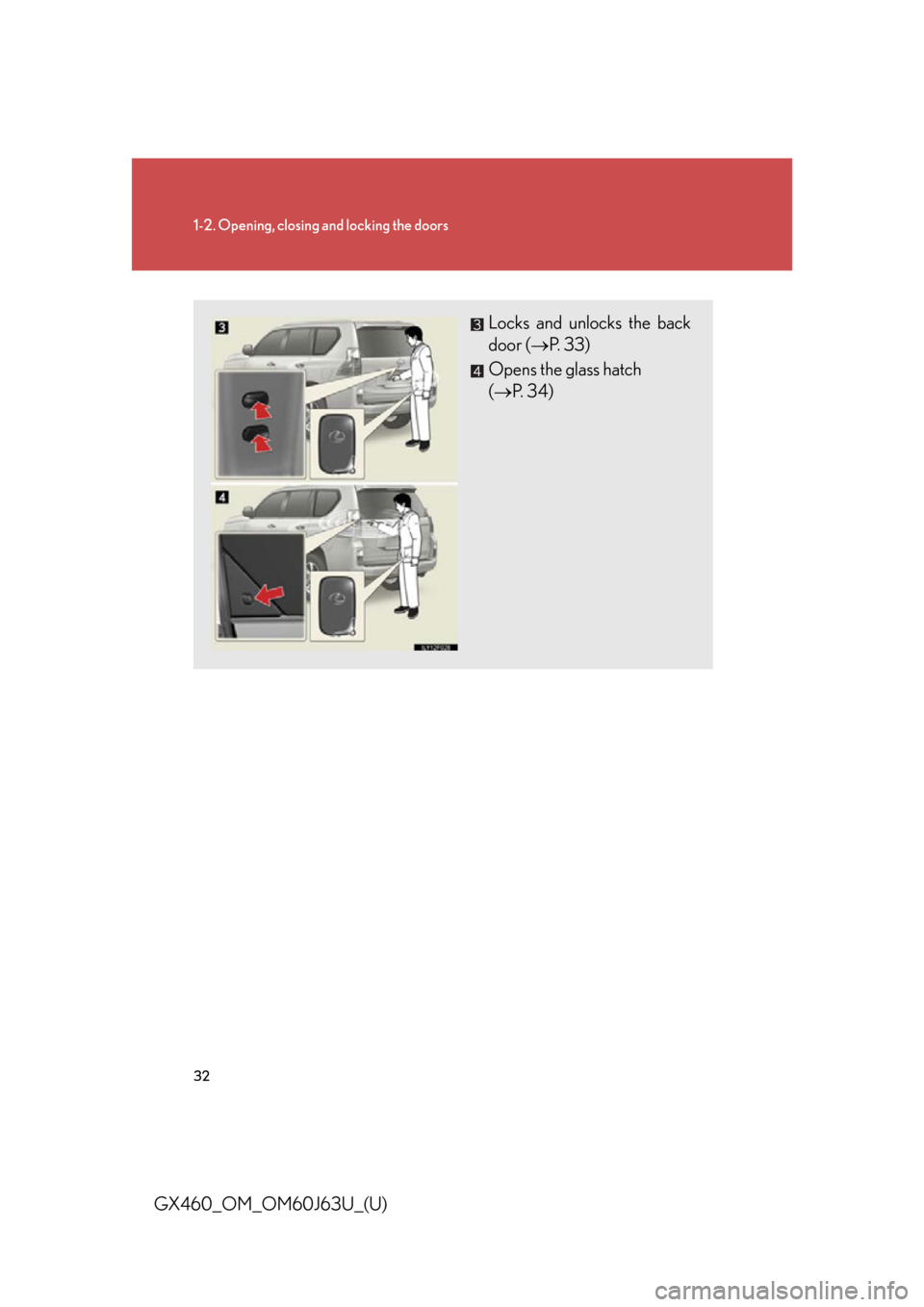 Lexus GX460 2013 Specifications / 32
1-2. Opening, closing and locking the doors
GX460_OM_OM60J63U_(U)
Locks and unlocks the back
door (P. 3 3 )
Opens the glass hatch
( P. 3 4 ) Lexus GX460 2013 Specifications / 32
1-2. Opening, closing and locking the doors
GX460_OM_OM60J63U_(U)
Locks and unlocks the back
door (P. 3 3 )
Opens the glass hatch
( P. 3 4 )