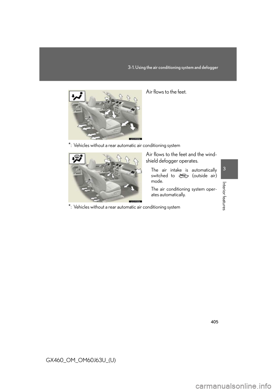 Lexus GX460 2013 Specifications / 405
3-1. Using the air conditioning system and defogger
3
Interior features
GX460_OM_OM60J63U_(U) Air flows to the feet.
*: Vehicles without a rear automatic air conditioning system
Air flows to the f Lexus GX460 2013 Specifications / 405
3-1. Using the air conditioning system and defogger
3
Interior features
GX460_OM_OM60J63U_(U) Air flows to the feet.
*: Vehicles without a rear automatic air conditioning system
Air flows to the f
