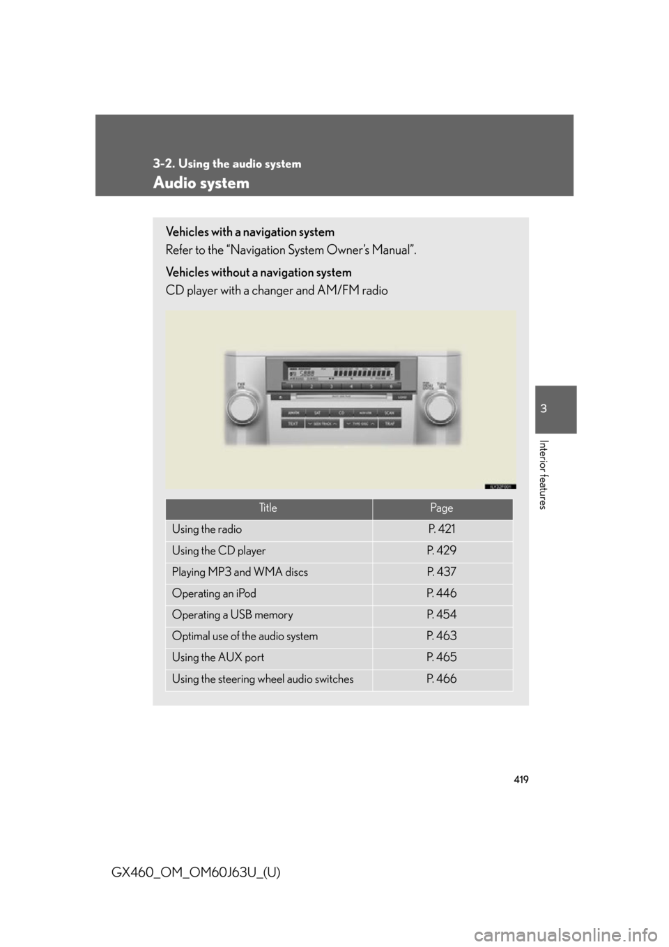 Lexus GX460 2013 Specifications / 419
3
Interior features
GX460_OM_OM60J63U_(U)
3-2. Using the audio system
Audio system
Vehicles with a navigation system
Refer to the “Navigation System Owner’s Manual”.
Vehicles without a navig Lexus GX460 2013 Specifications / 419
3
Interior features
GX460_OM_OM60J63U_(U)
3-2. Using the audio system
Audio system
Vehicles with a navigation system
Refer to the “Navigation System Owner’s Manual”.
Vehicles without a navig